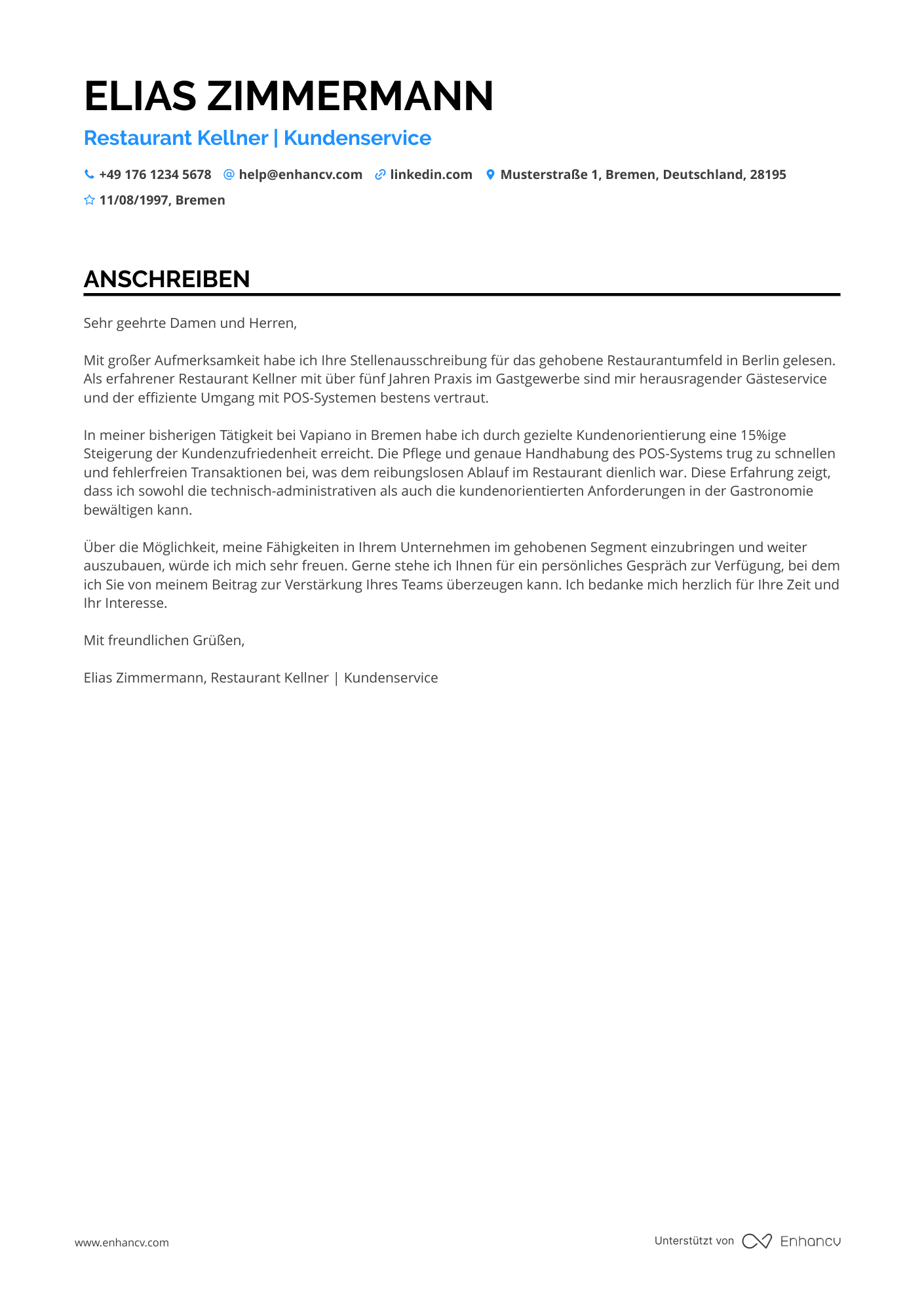 Restaurant Kellner Resume Example