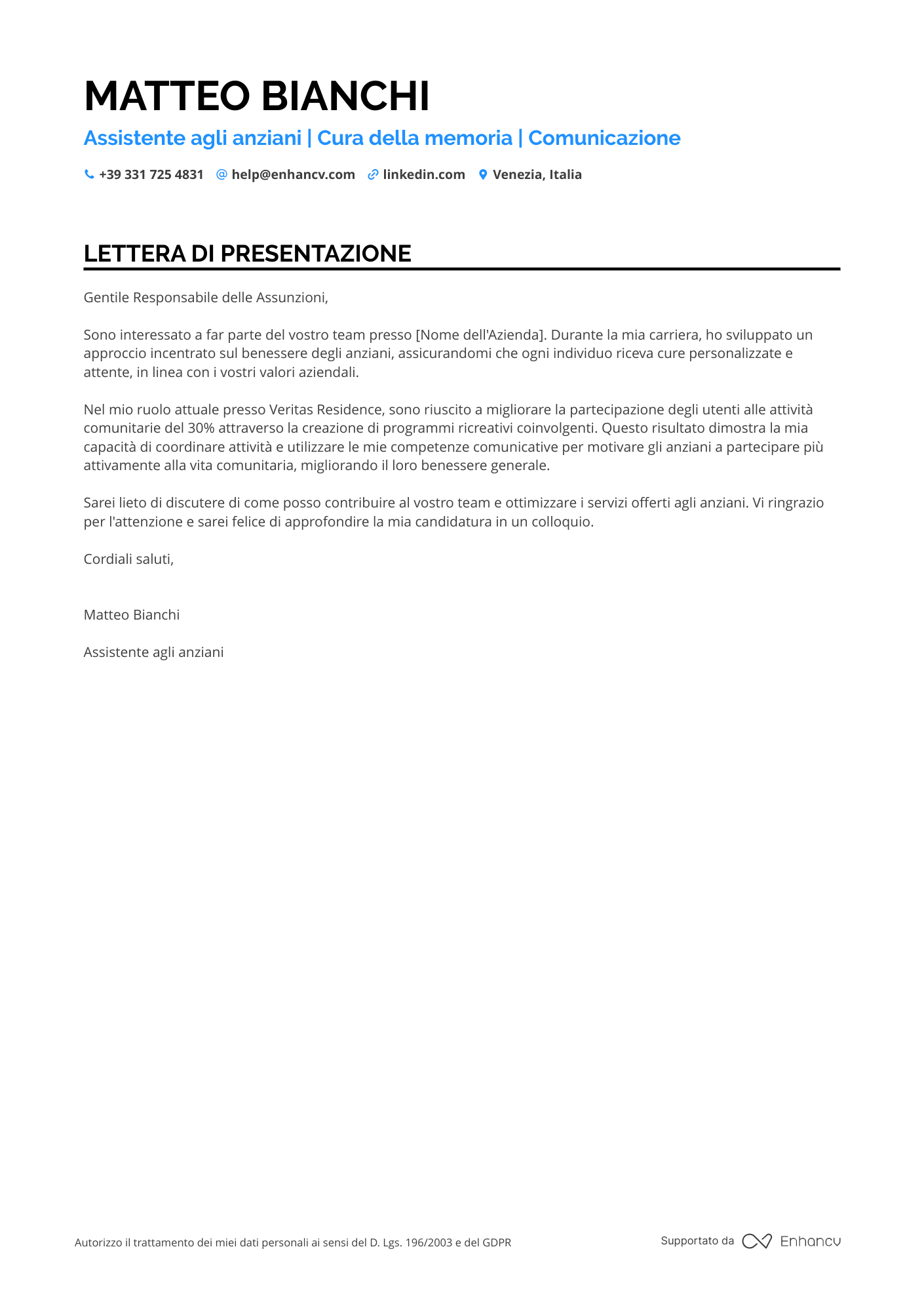Badante Specializzato in Alzheimer Resume Example