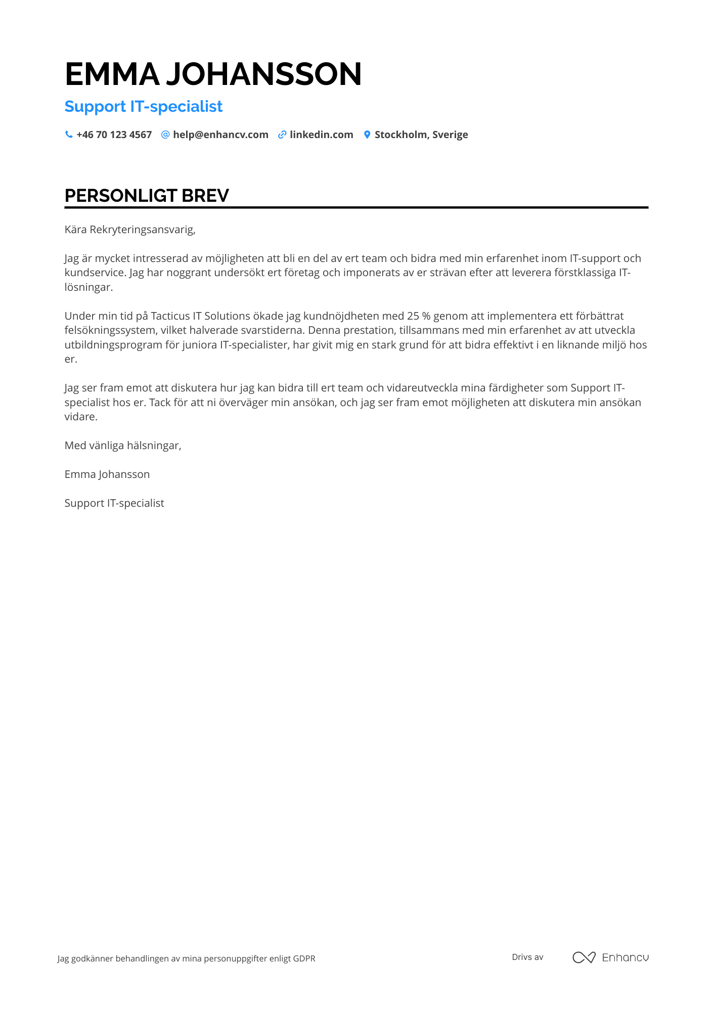Personligt brev för Support IT specialist Resume Example