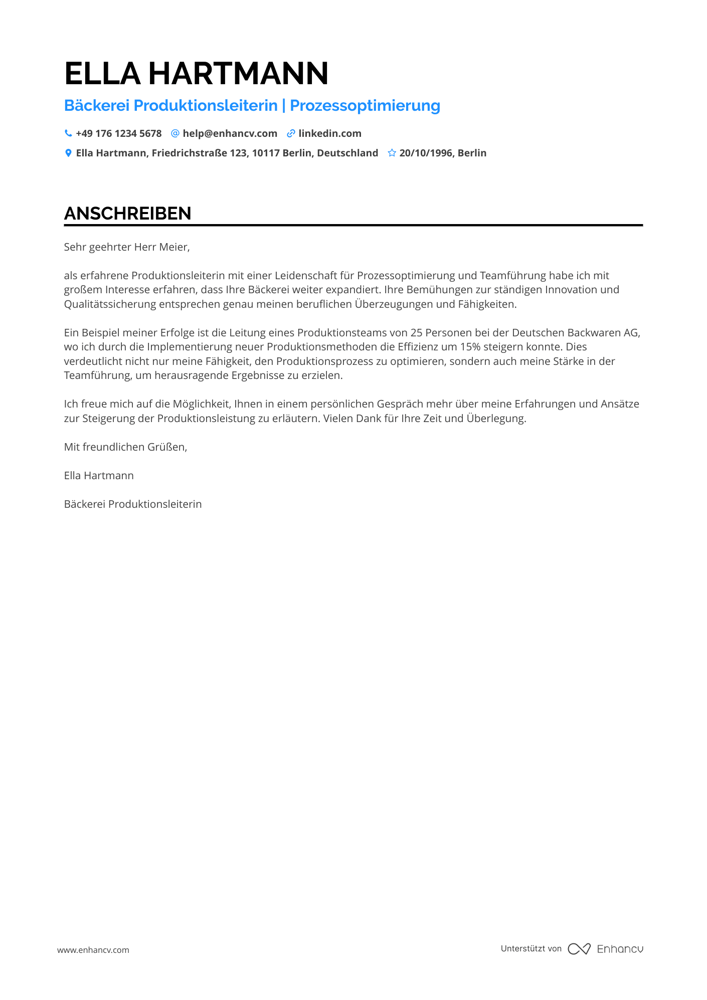 Bäckerei Produktionsleiter Resume Example