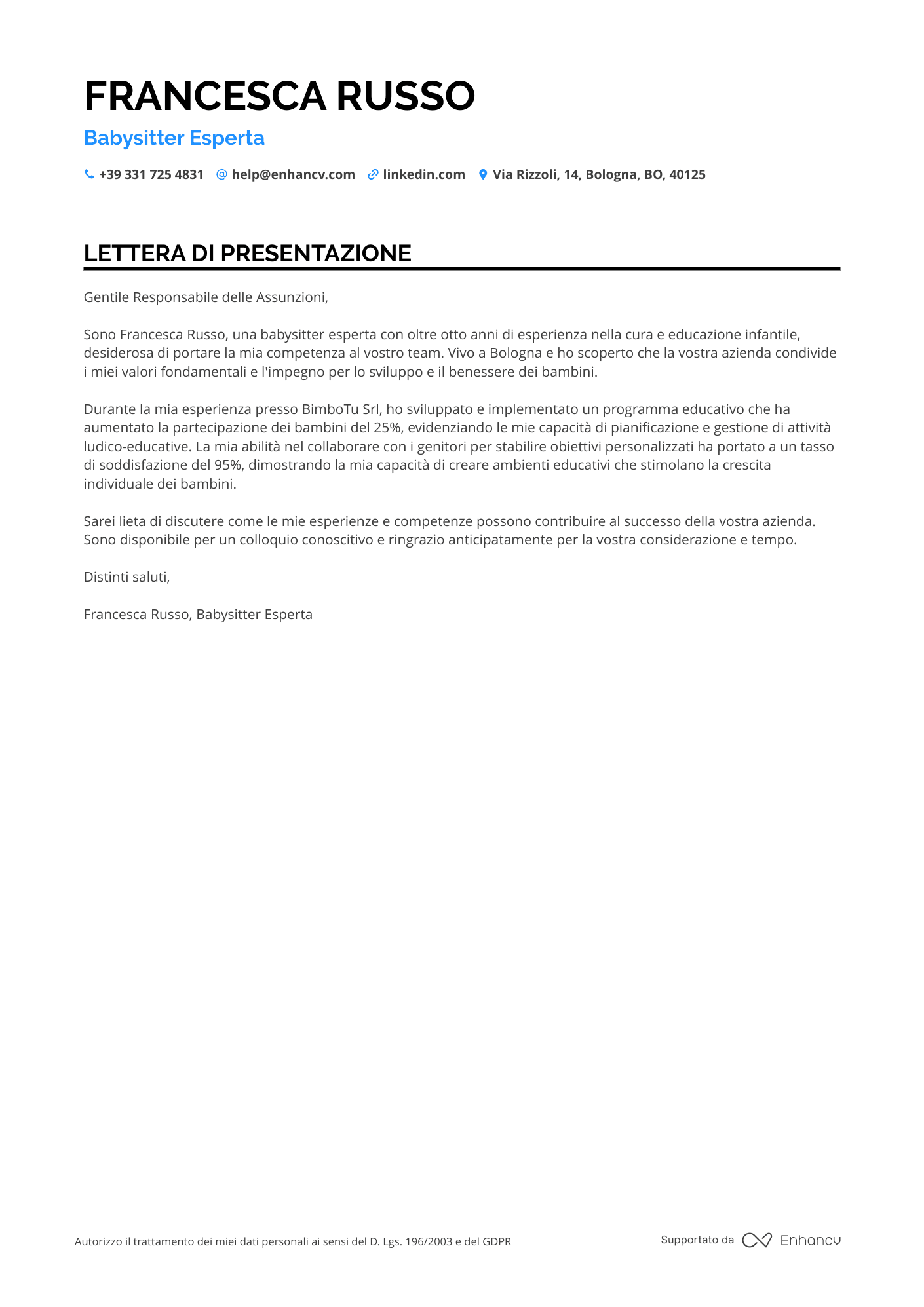 Baby Sitter Senza Esperienza Resume Example