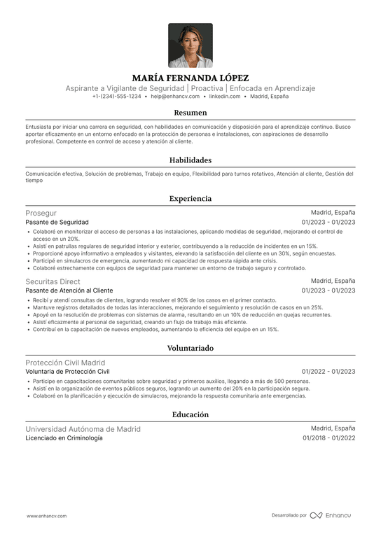 Vigilante de seguridad sin experiencia Resume Example