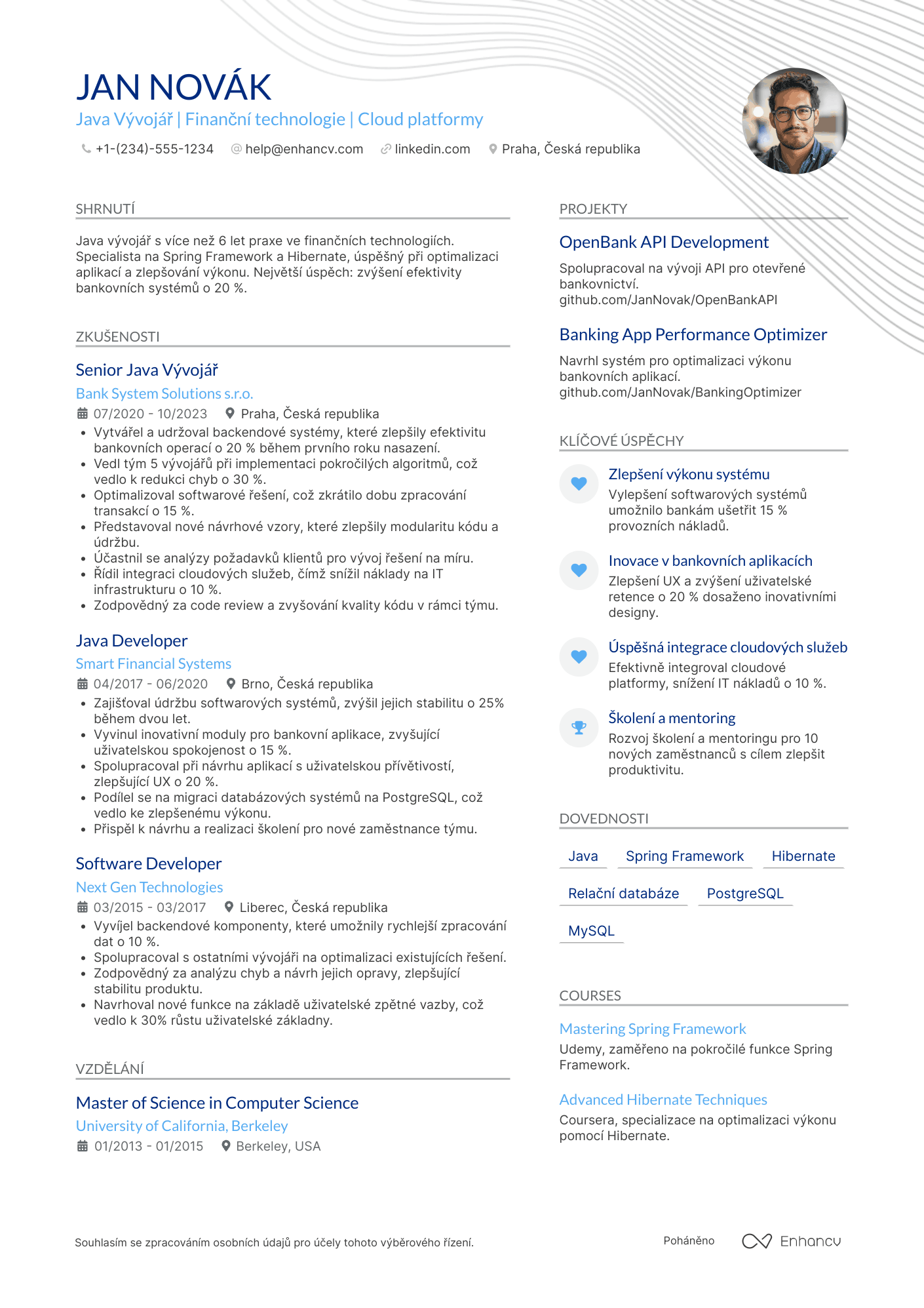 Životopis pro Java vývojář pro bankovnictví Resume Example