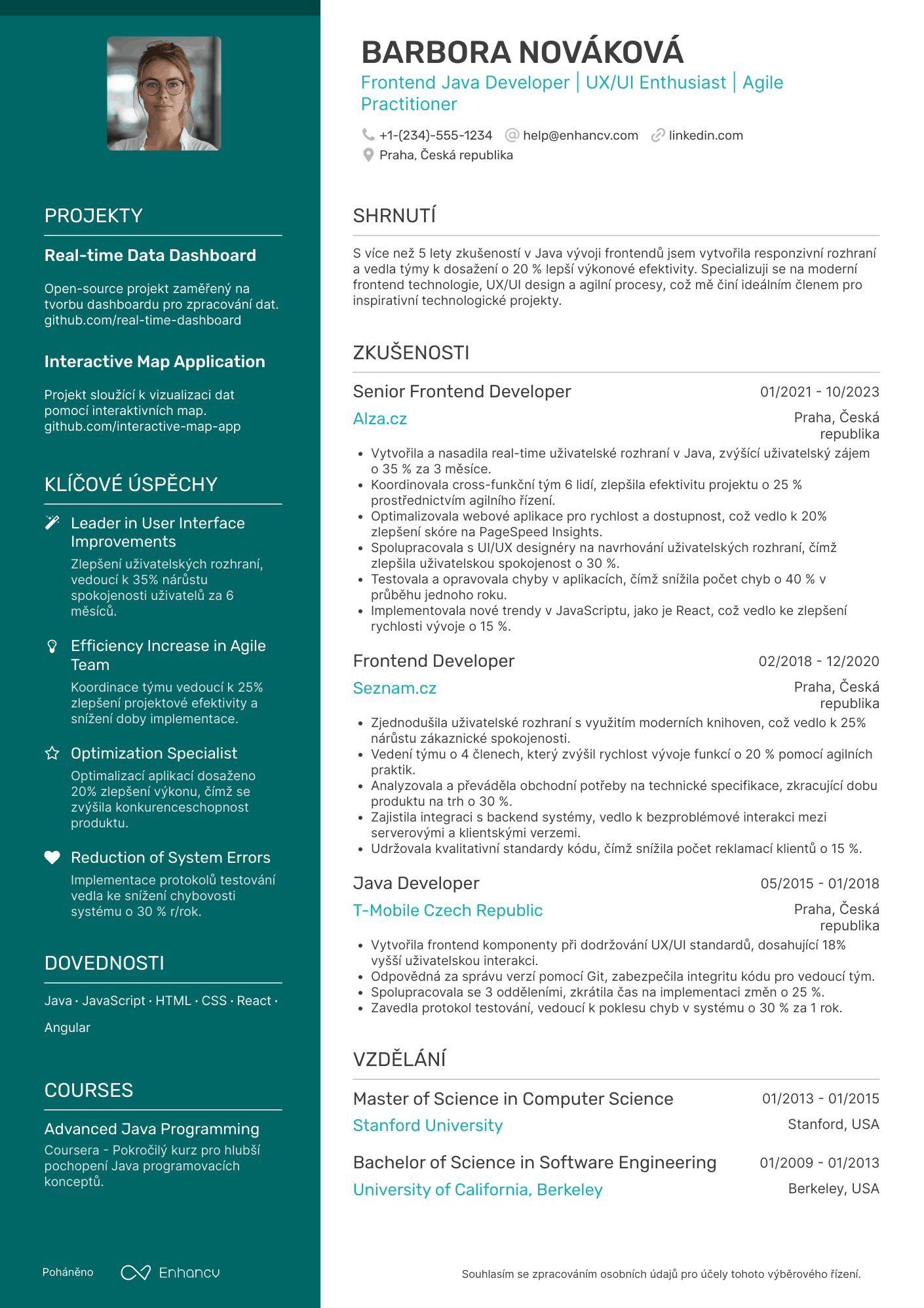 Životopis pro Frontend Java vývojář Resume Example