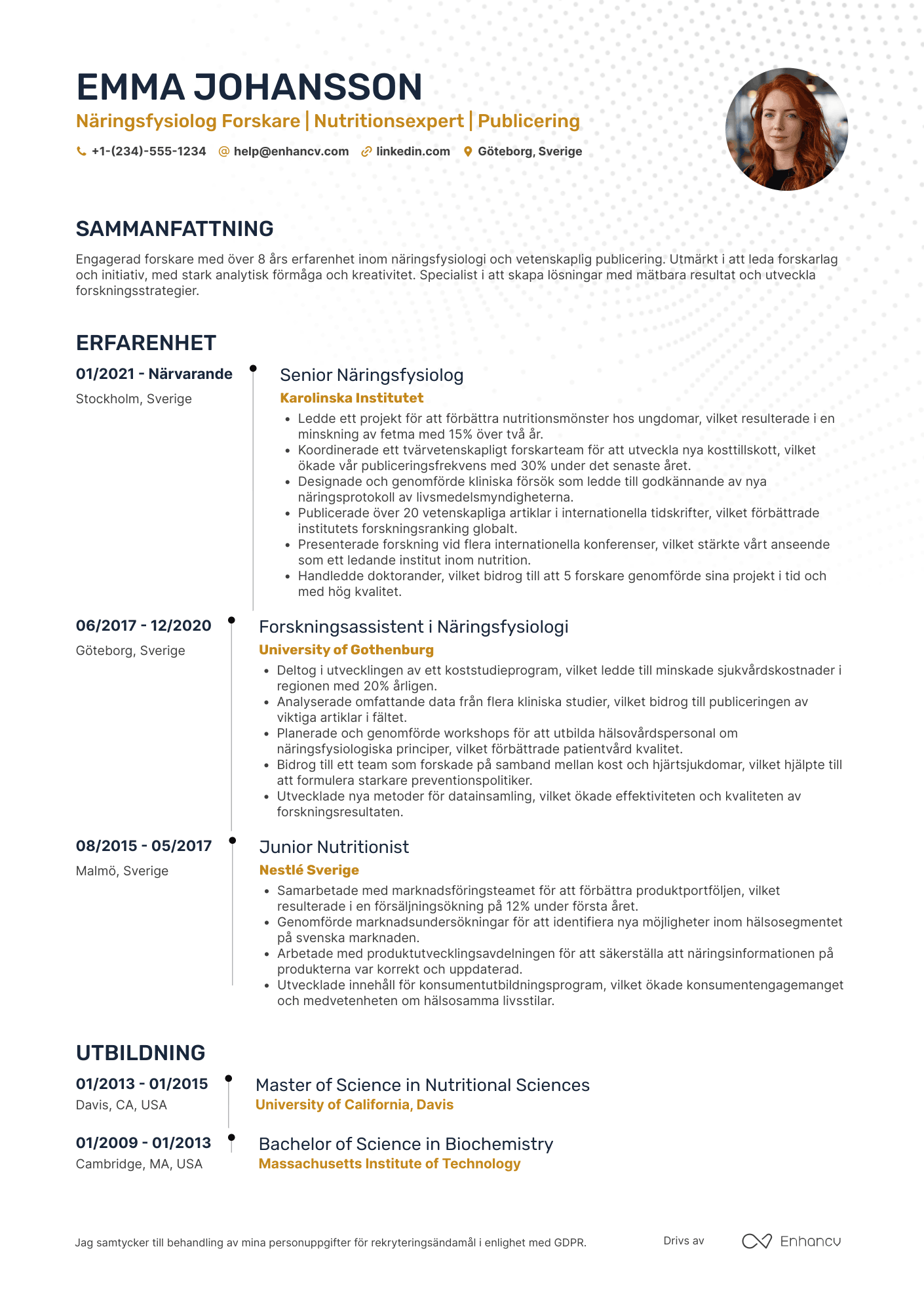 CV för Näringsfysiolog Forskare Resume Example