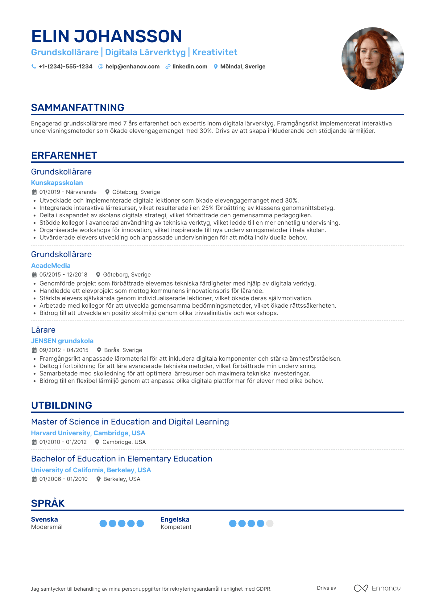 CV för Grundskollärare med erfarenhet av digitala lärverktyg Resume Example
