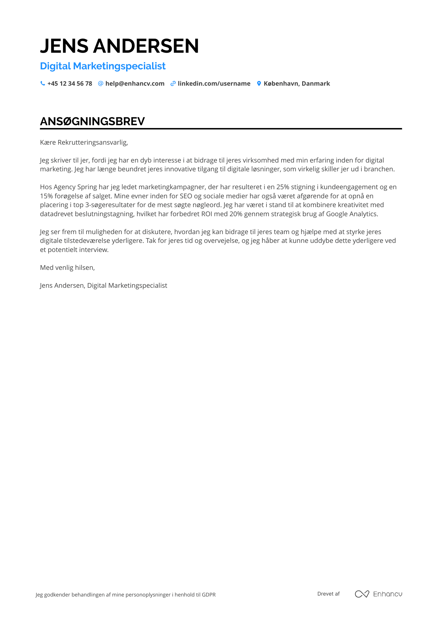 Ansøgningsbrev til Digital marketingspecialist Resume Example