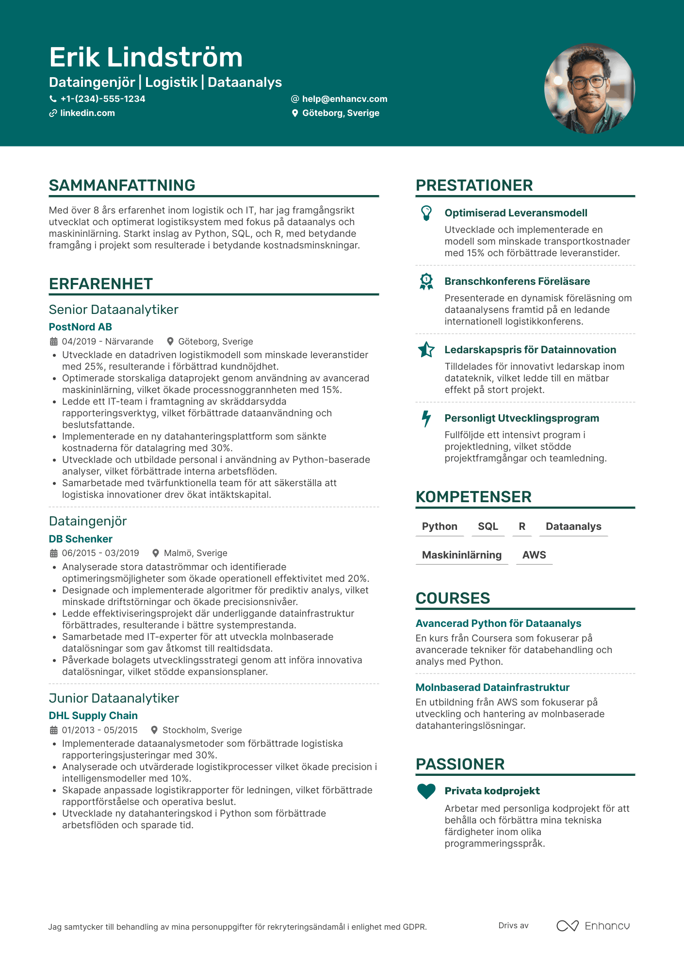 CV för Dataingenjör för logistik Resume Example