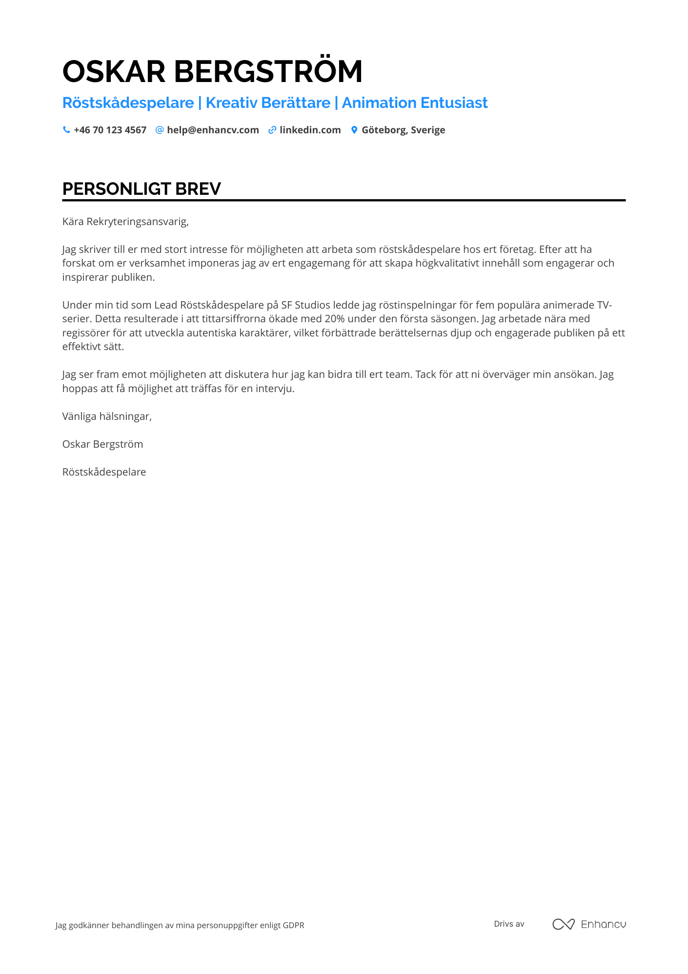 Personligt brev för Röstskådespelare för animation Resume Example