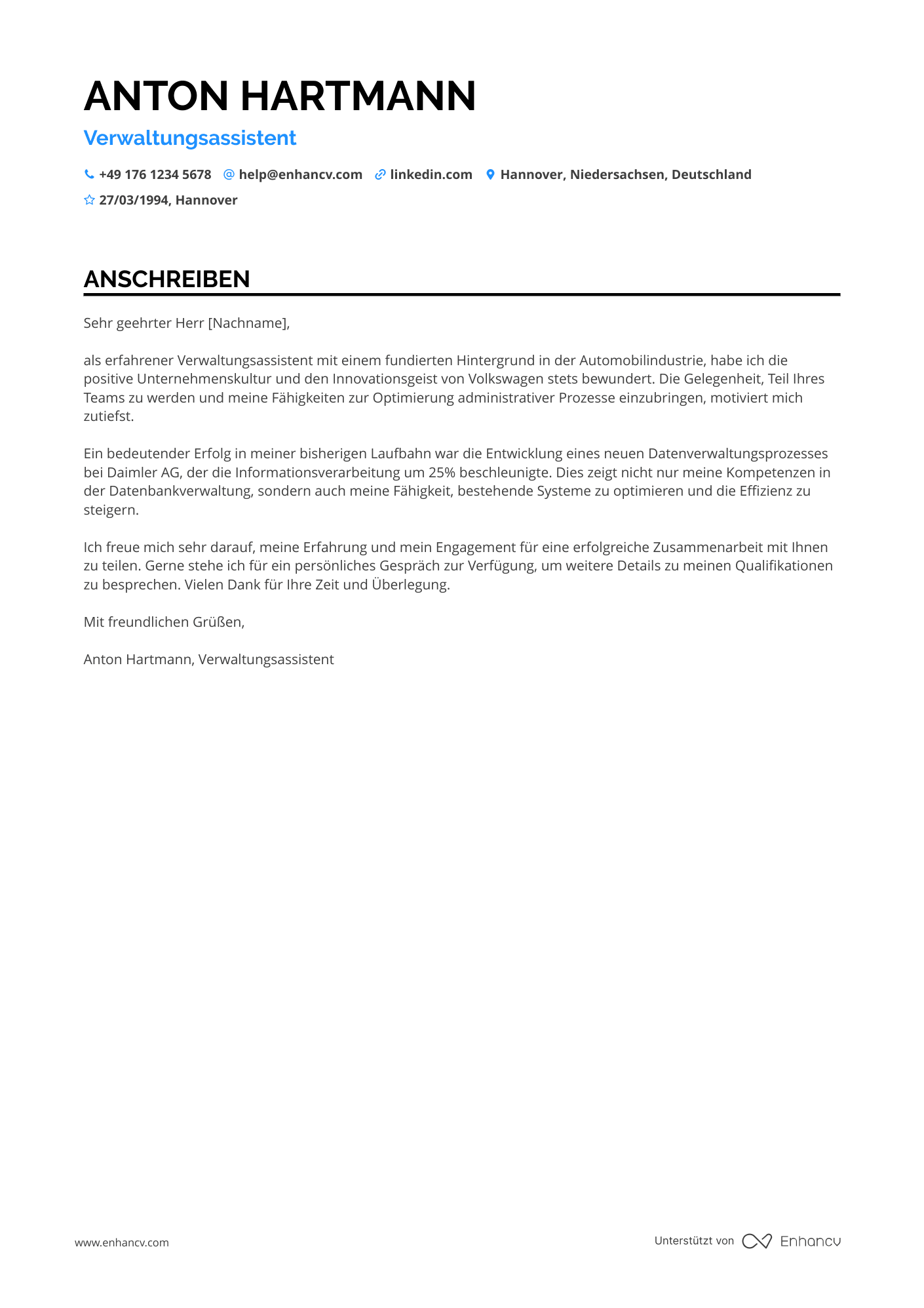 Verwaltungsassistent in der Automobilindustrie Resume Example