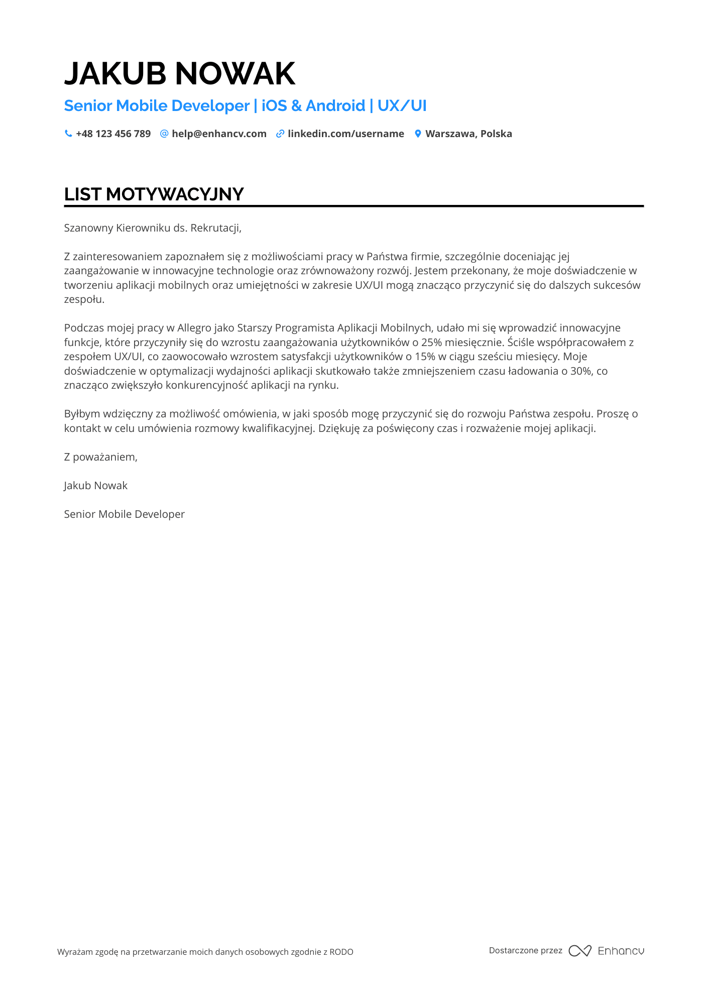 List motywacyjny dla Programista Aplikacji Mobilnych Resume Example