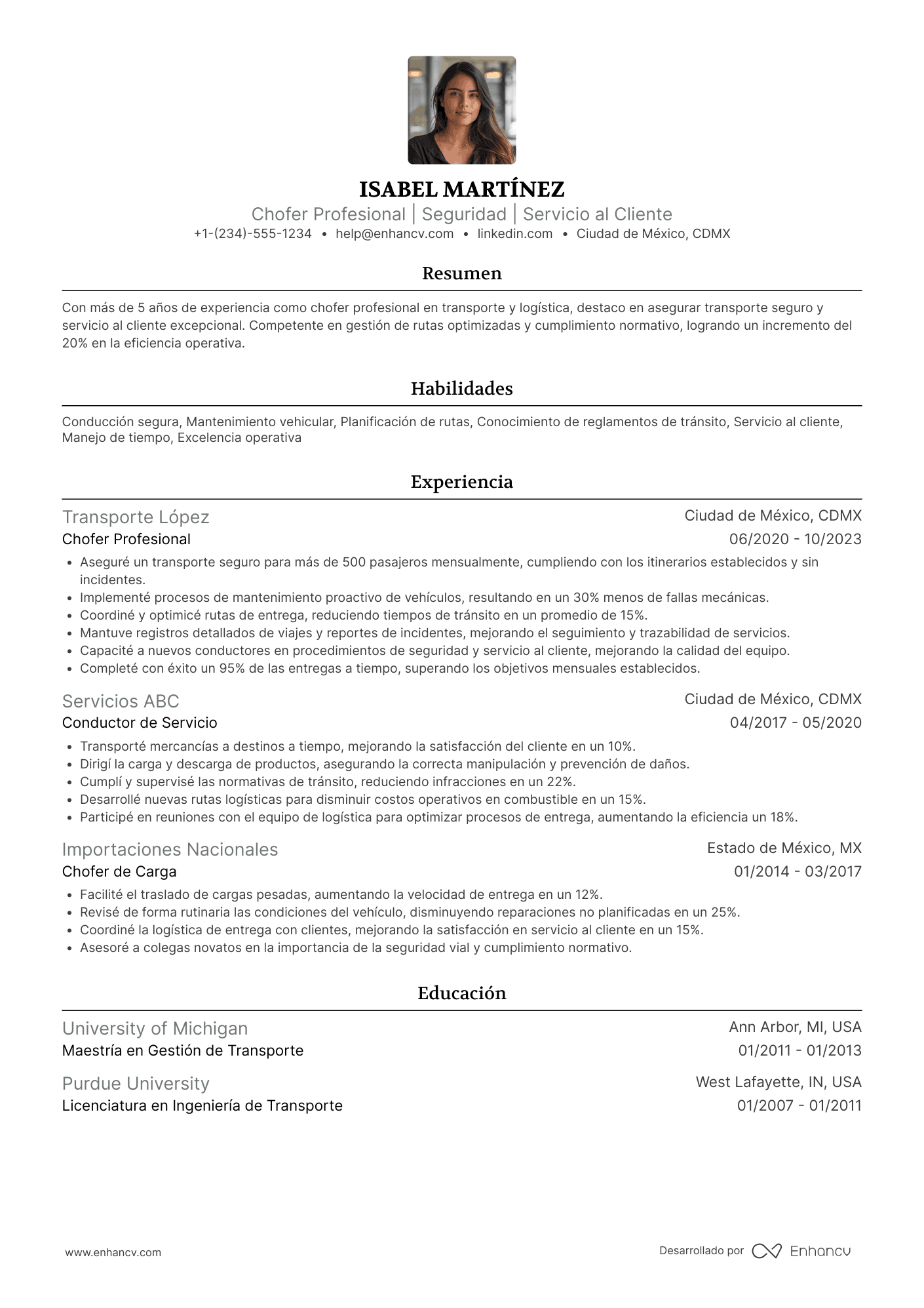 Ejemplo de CV de chofer profesional Resume Example