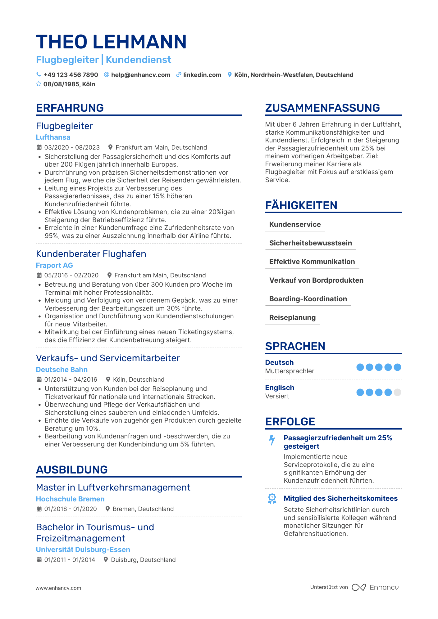 Lebenslauf als Flugbegleiter mit Kundendiensterfahrung Resume Example