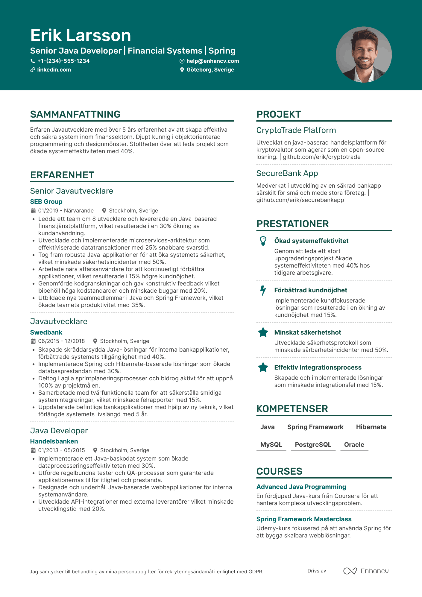 CV för Javautvecklare inom finansiell teknik Resume Example