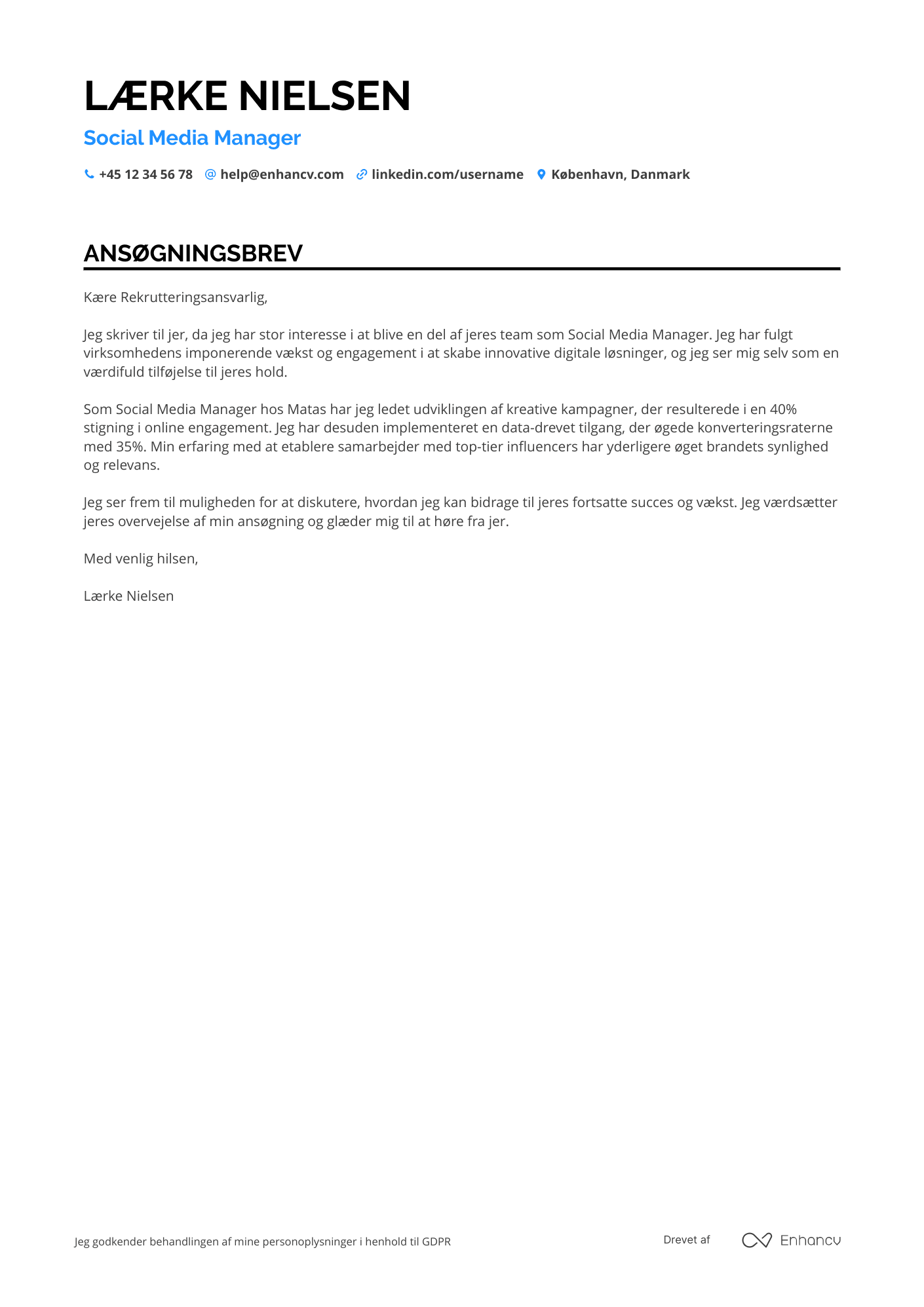 Ansøgningsbrev til Social Media Manager – detailhandel Resume Example
