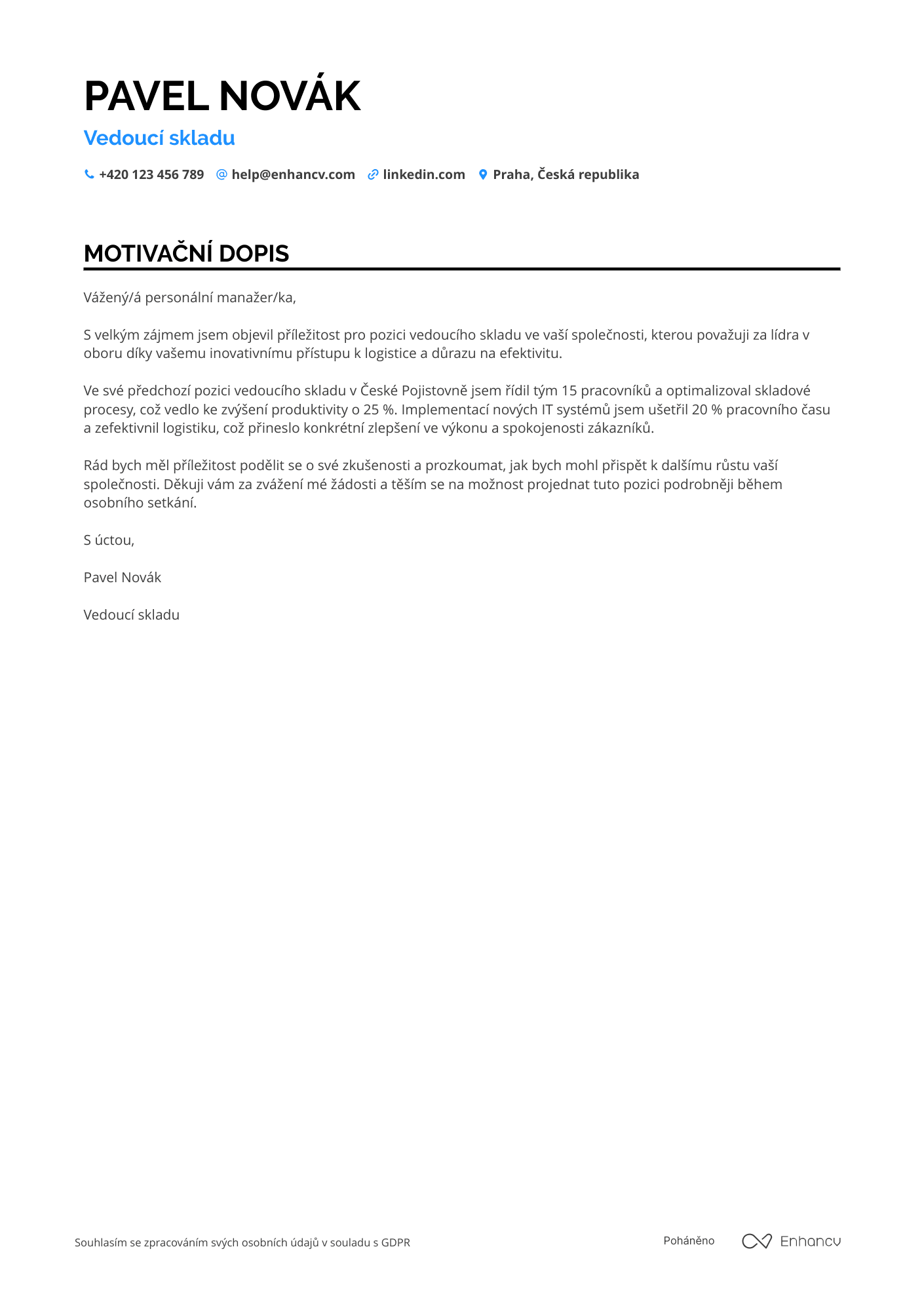 Motivační dopis pro Skladník Vedoucí Resume Example