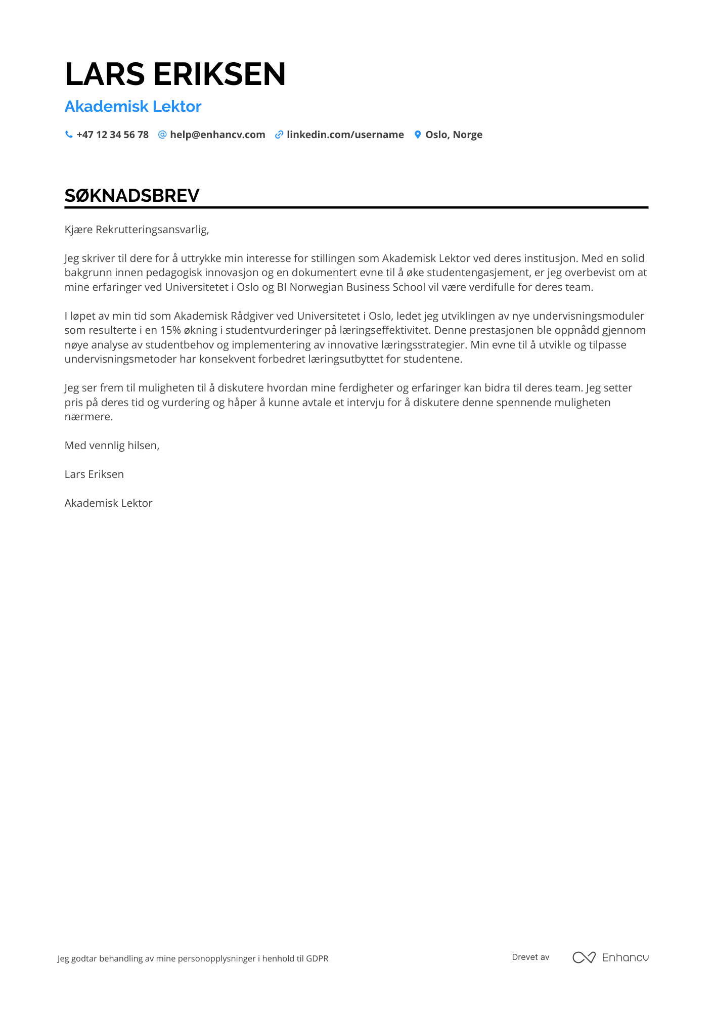 Søknadsbrev for Akademisk Lektor Resume Example