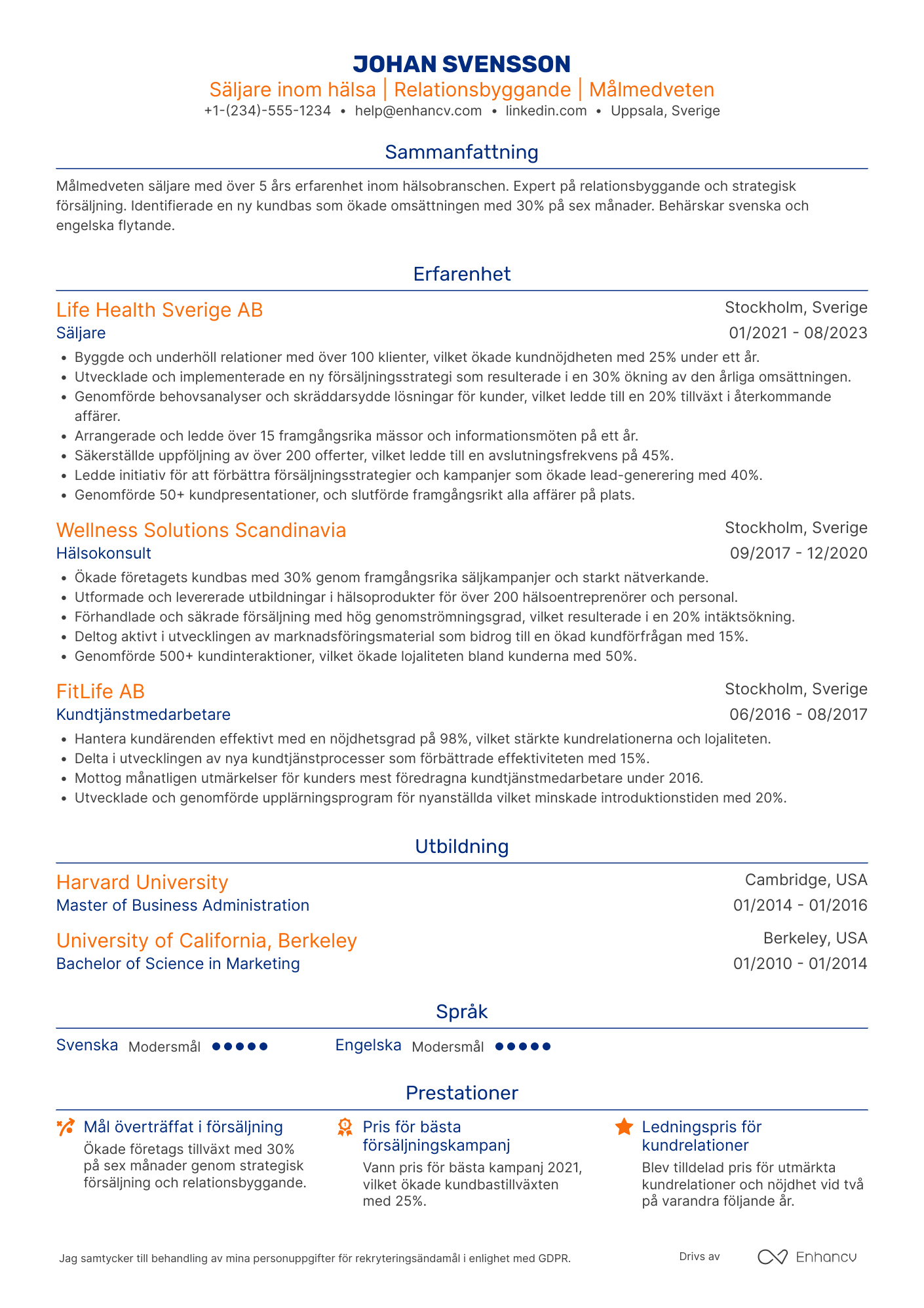 CV för Säljare inom hälsa Resume Example