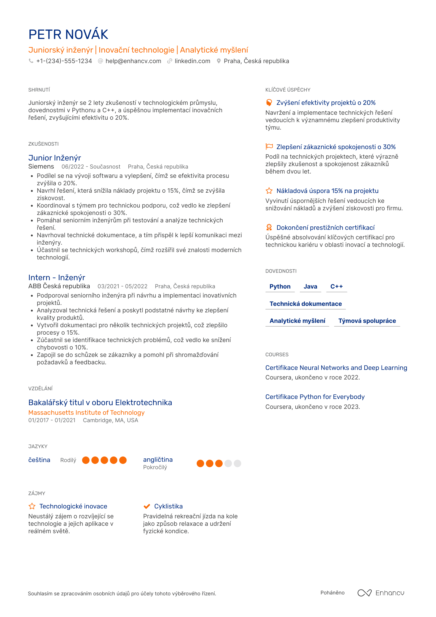 Životopis pro Juniorský inženýr Resume Example