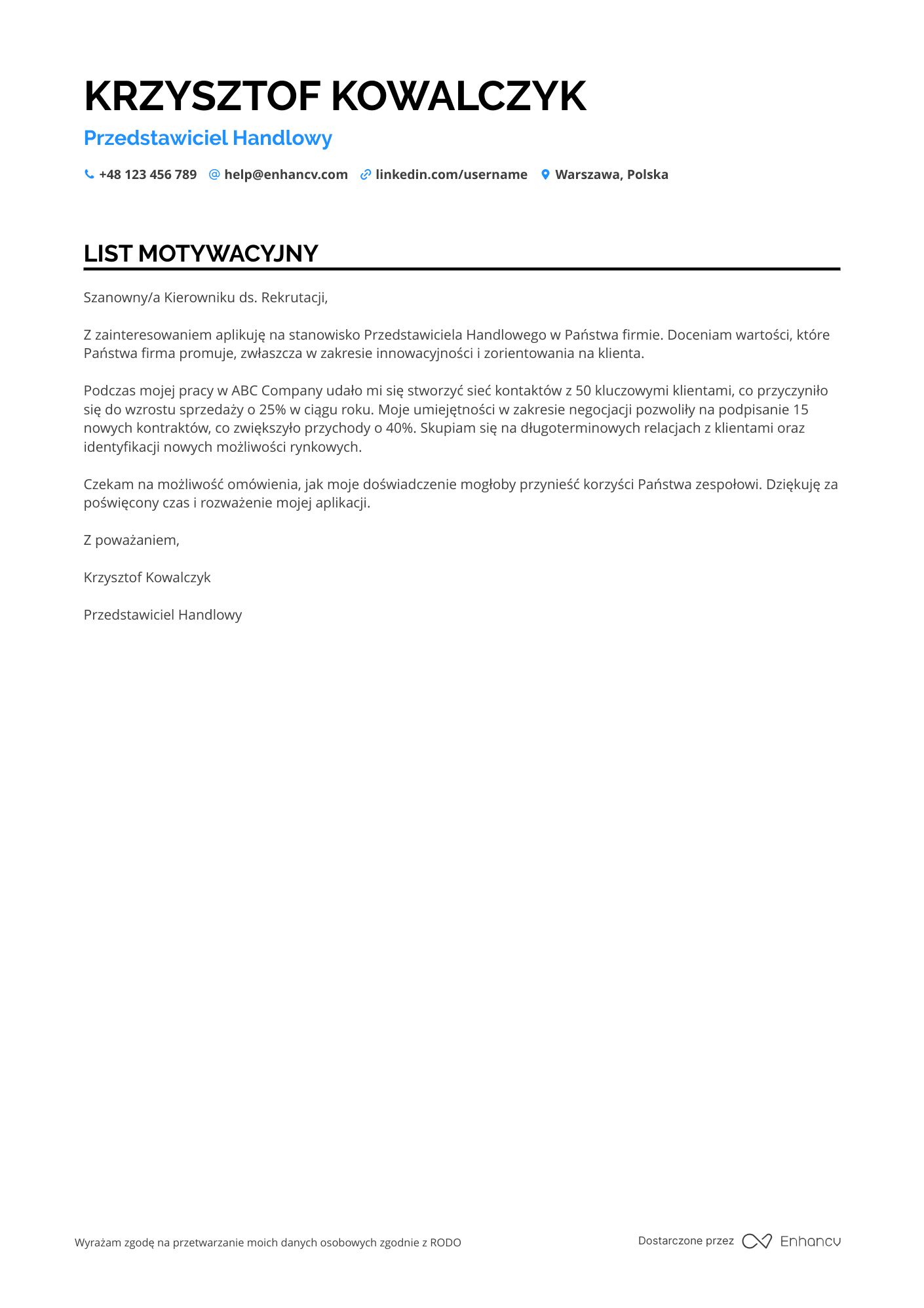 List motywacyjny dla Przedstawiciel Handlowy ds. Rozwoju Biznesu Resume Example