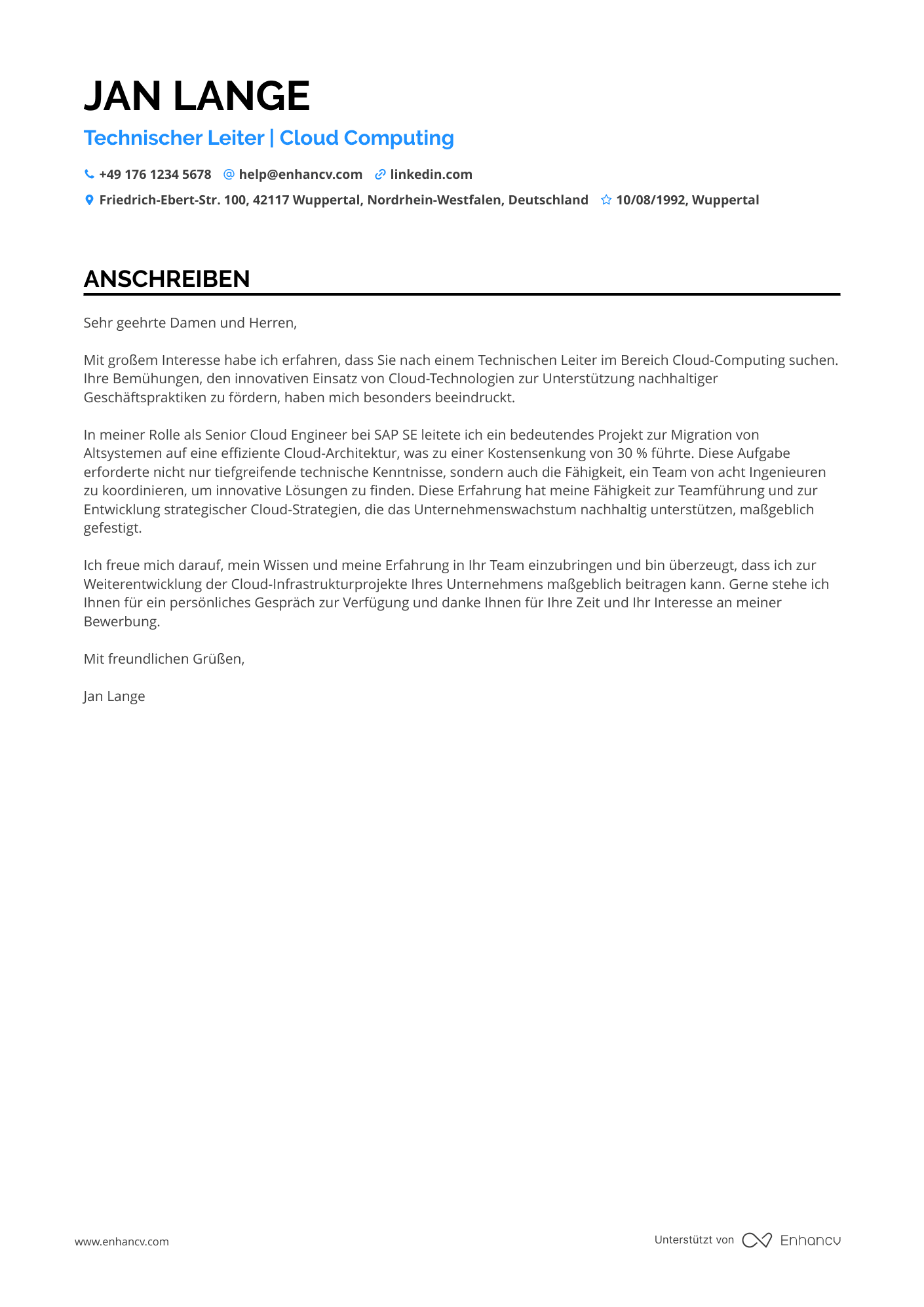 Technischer Leiter für Cloud Computing Resume Example