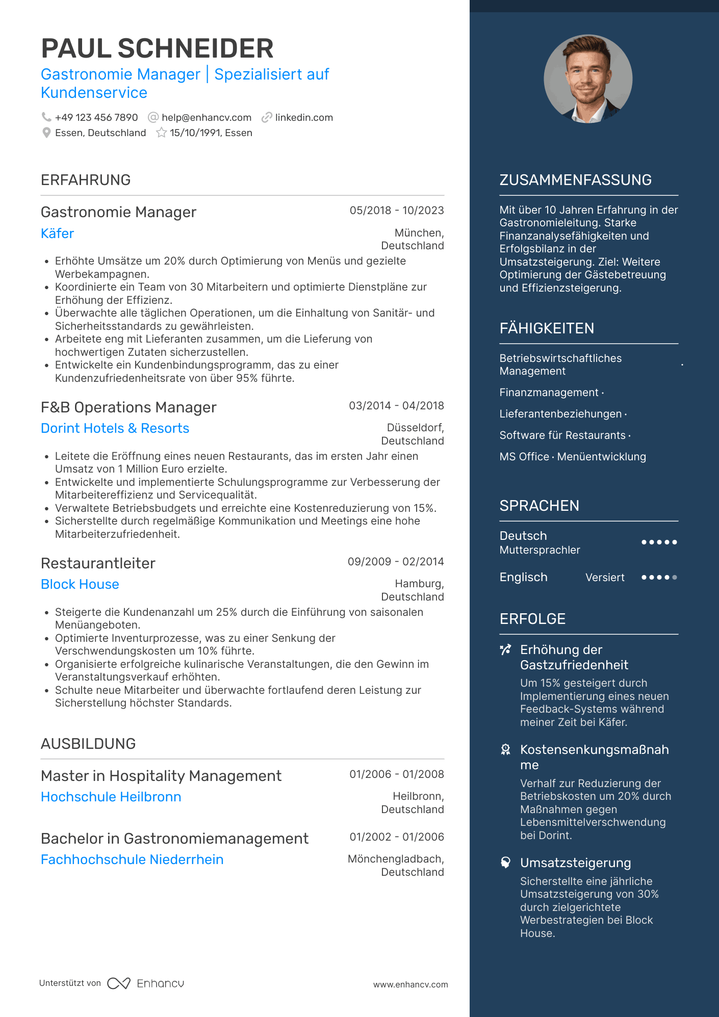 Lebenslauf als Gastronomie Manager Resume Example