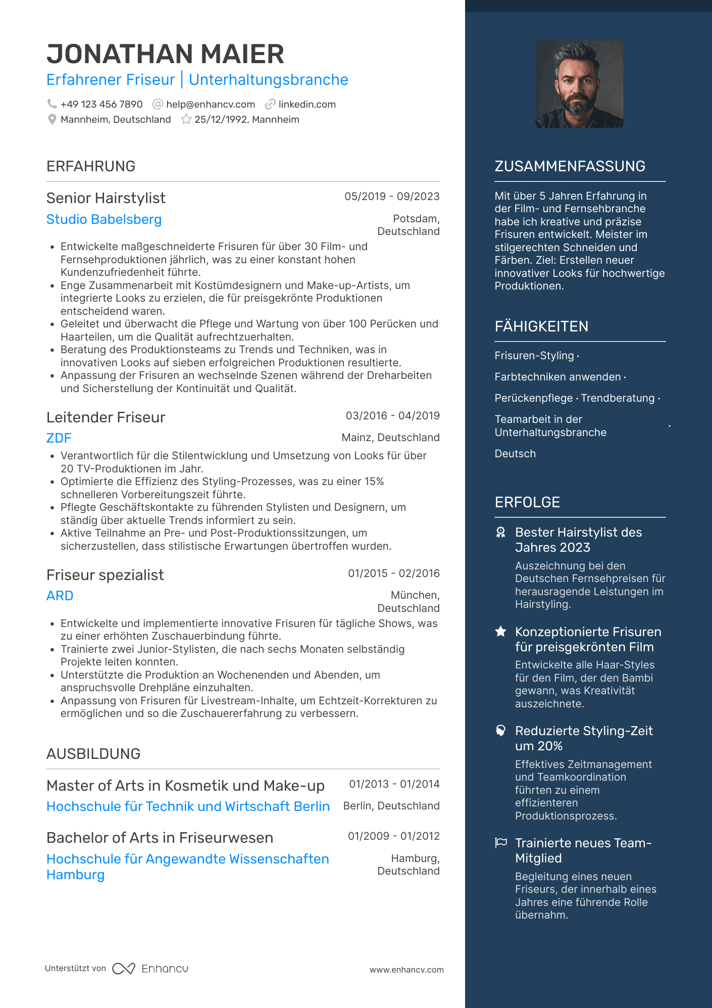Lebenslauf in Friseurin in der Unterhaltungsbranche Resume Example