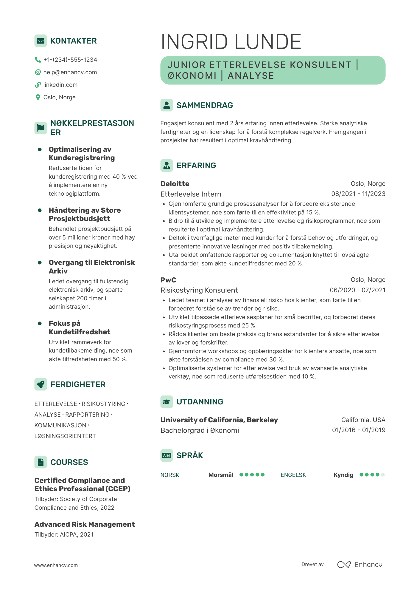 CV for Junior Etterlevelse Konsulent Resume Example
