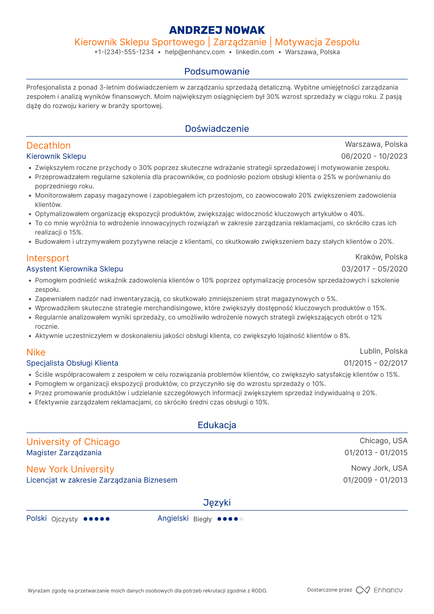 CV dla Kierownik Sklepu Sportowego Resume Example