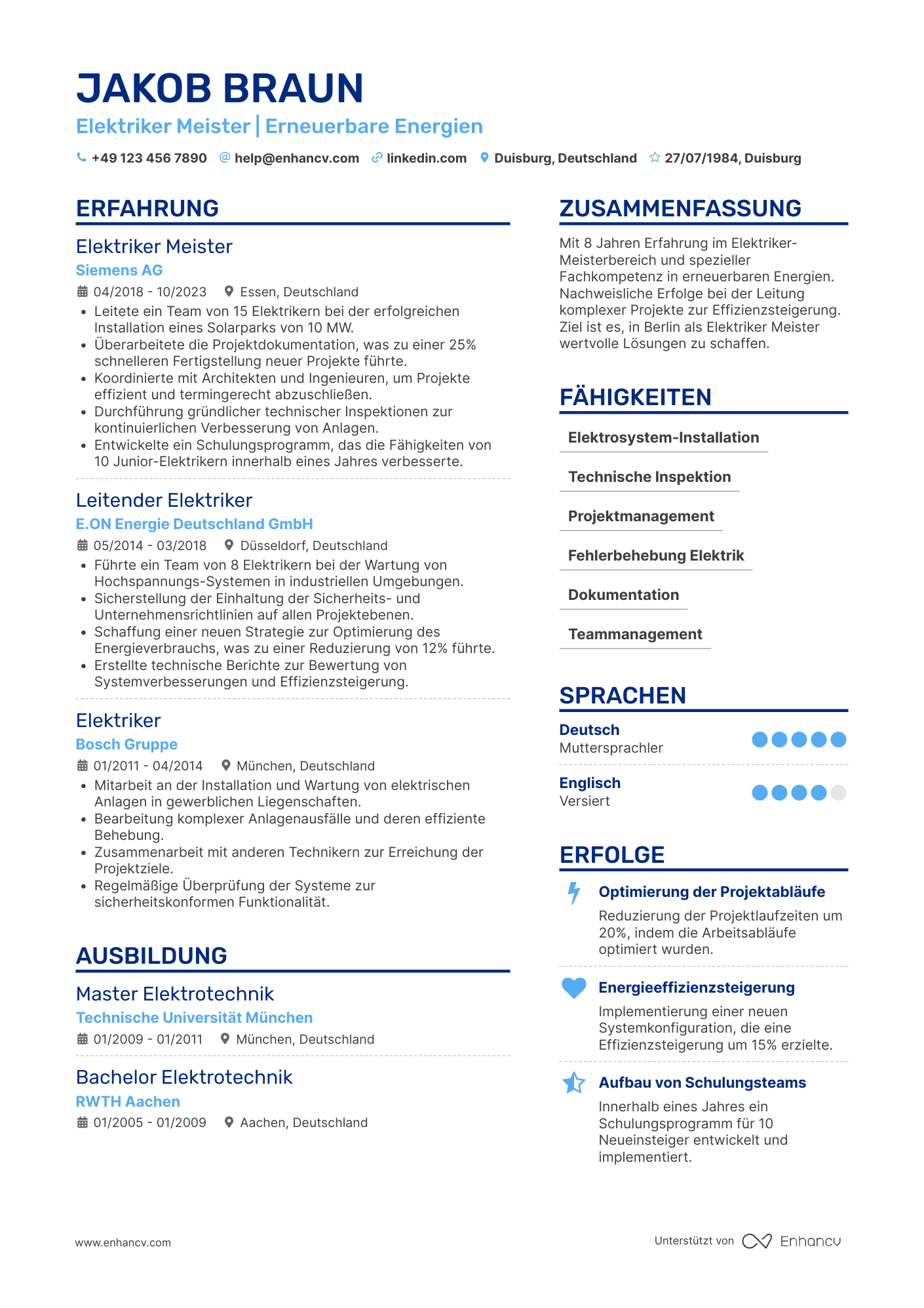 Lebenslauf als Elektriker Meister Resume Example