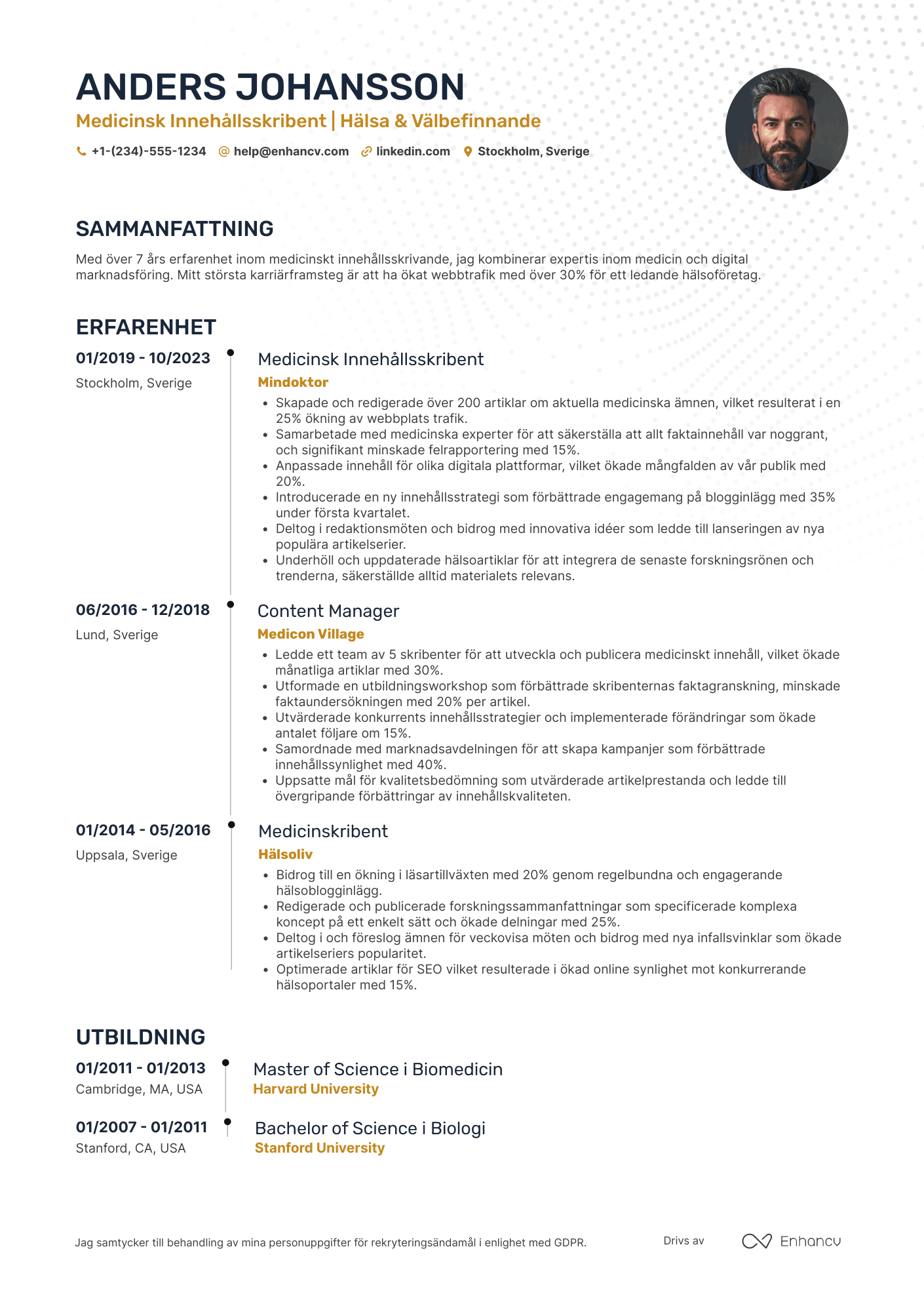 CV för Medicinsk Innehållsskribent Resume Example