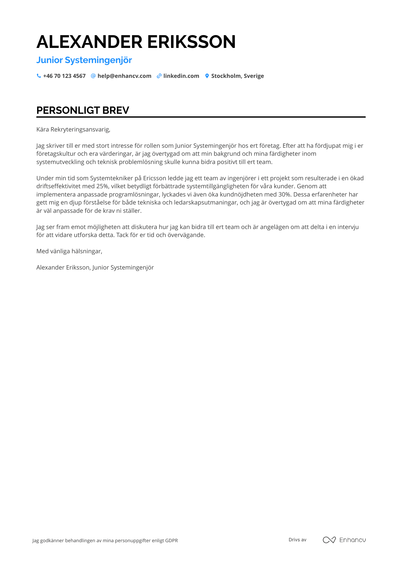 Personligt brev för Junior systemingenjör Resume Example