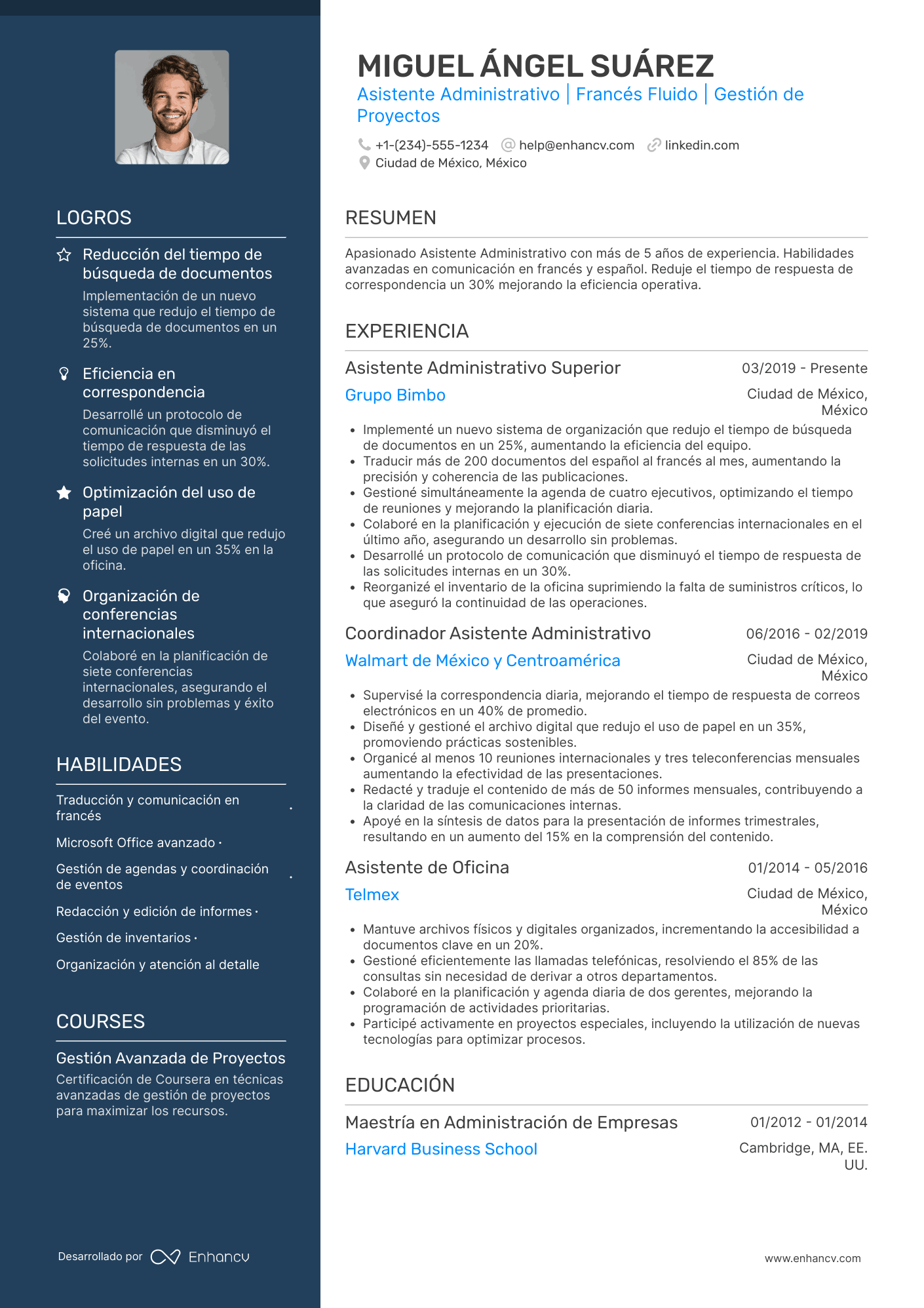 CV en francés de asistente administrativo (Assistant Administratif) Resume Example