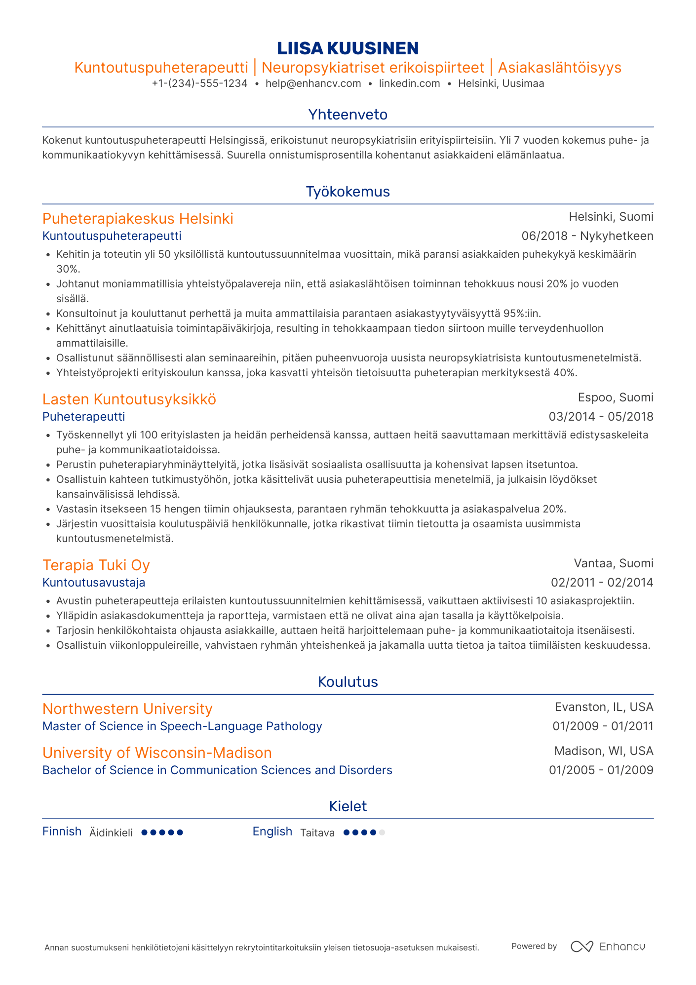 Ansioluettelo Kuntoutuspuheterapeutti Resume Example
