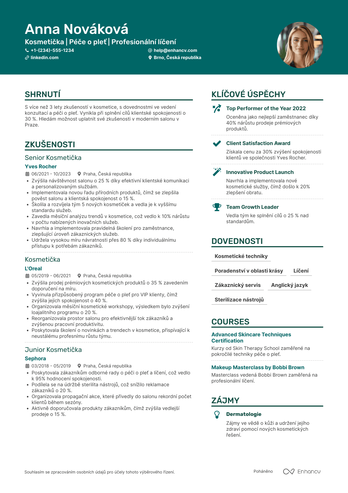 Životopis pro Kosmetička v salonu Resume Example