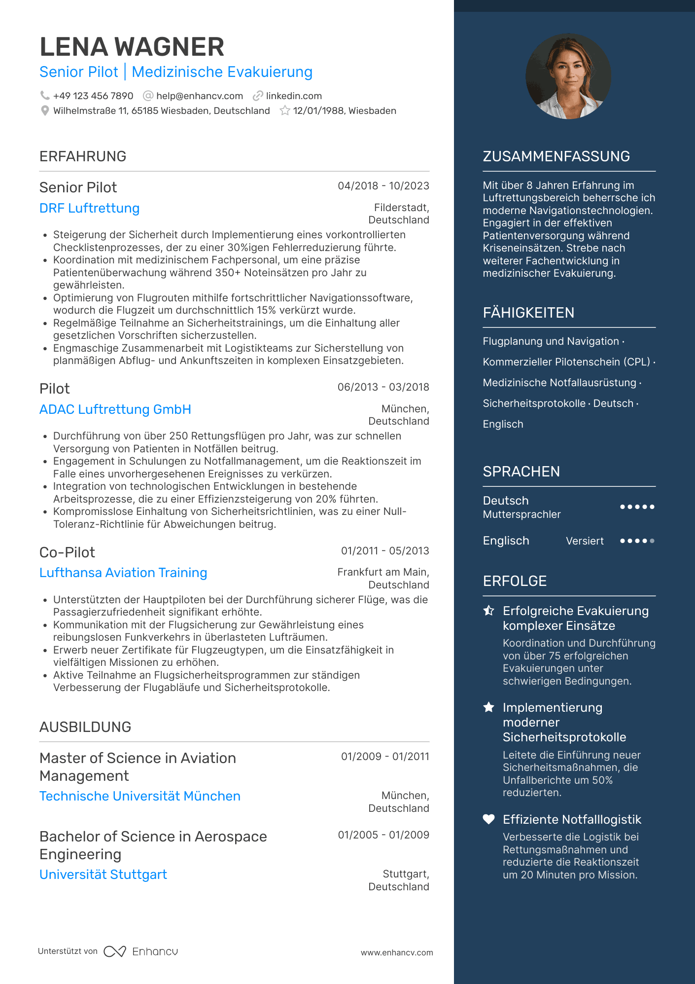 Lebenslauf als Pilot für medizinische Evakuierungen Resume Example