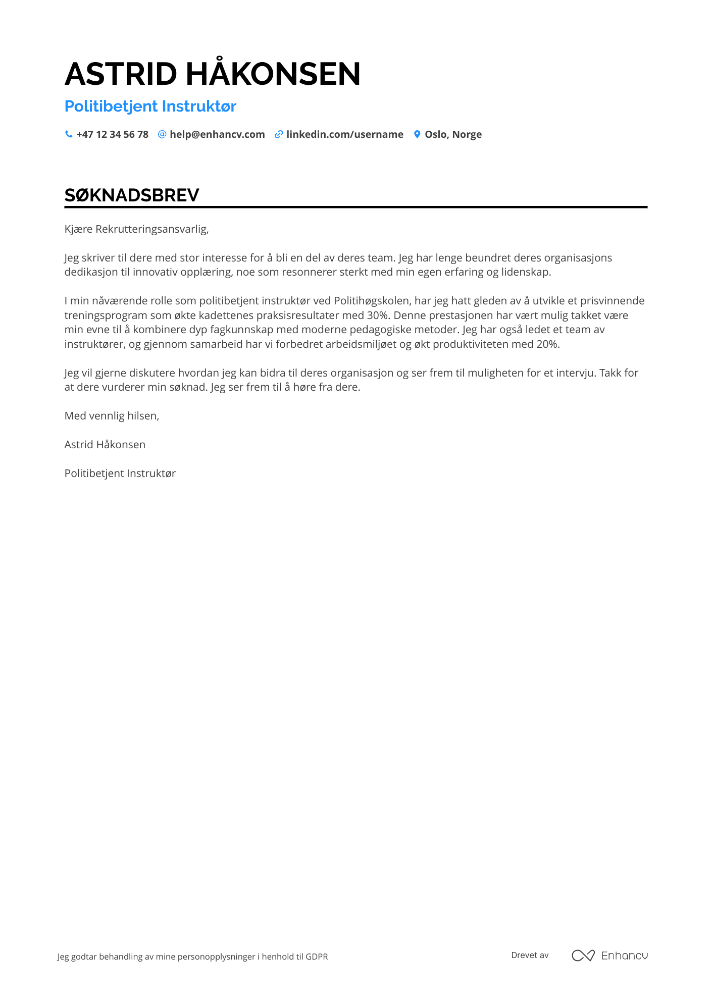 Søknadsbrev for Politibetjent Instruktør Resume Example