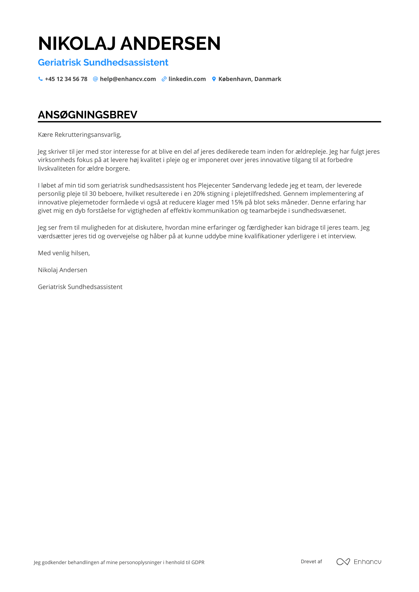 Ansøgningsbrev til Geriatrisk sundhedsassistent Resume Example