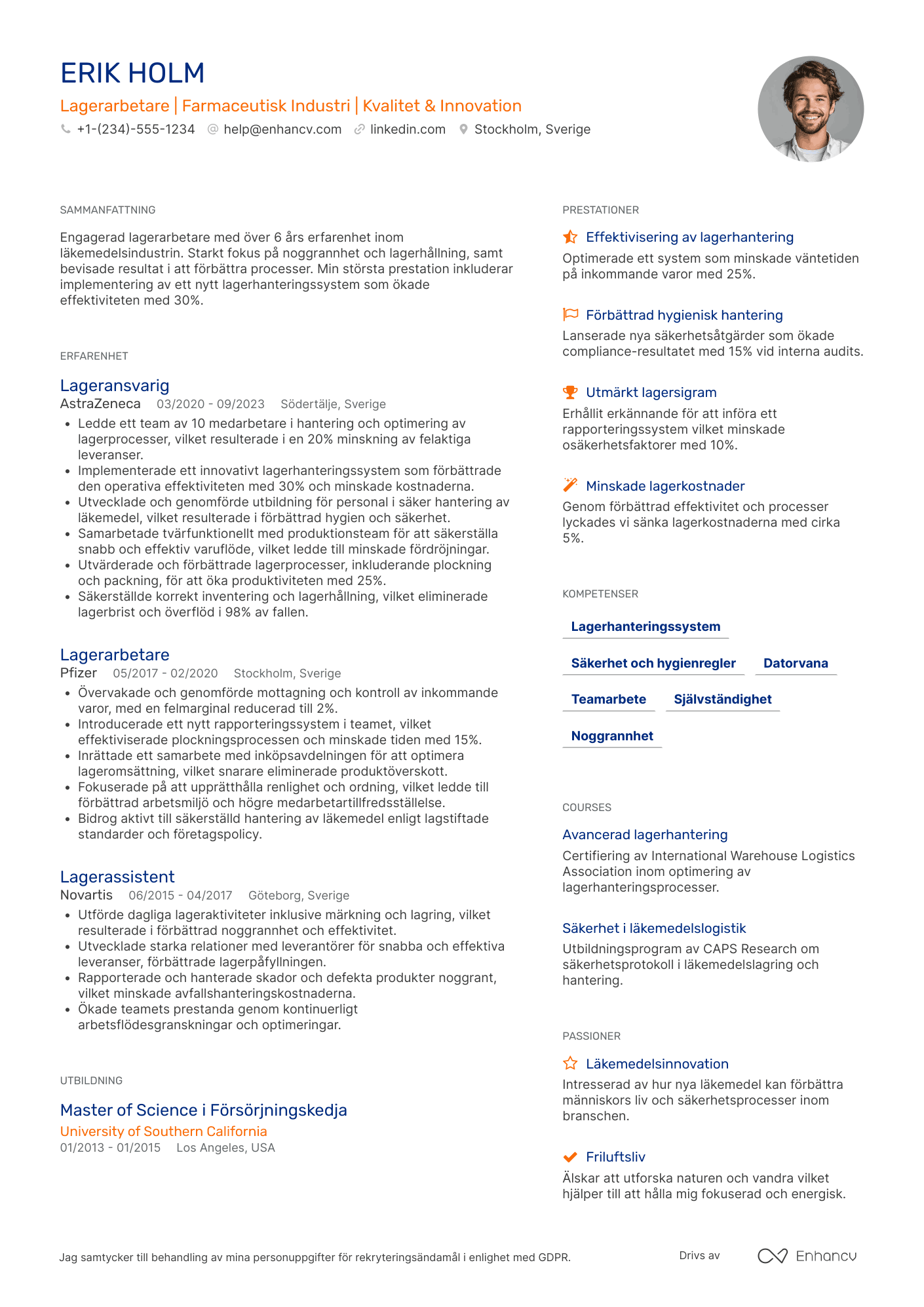CV för Lagerarbetare farmaceutisk industri Resume Example