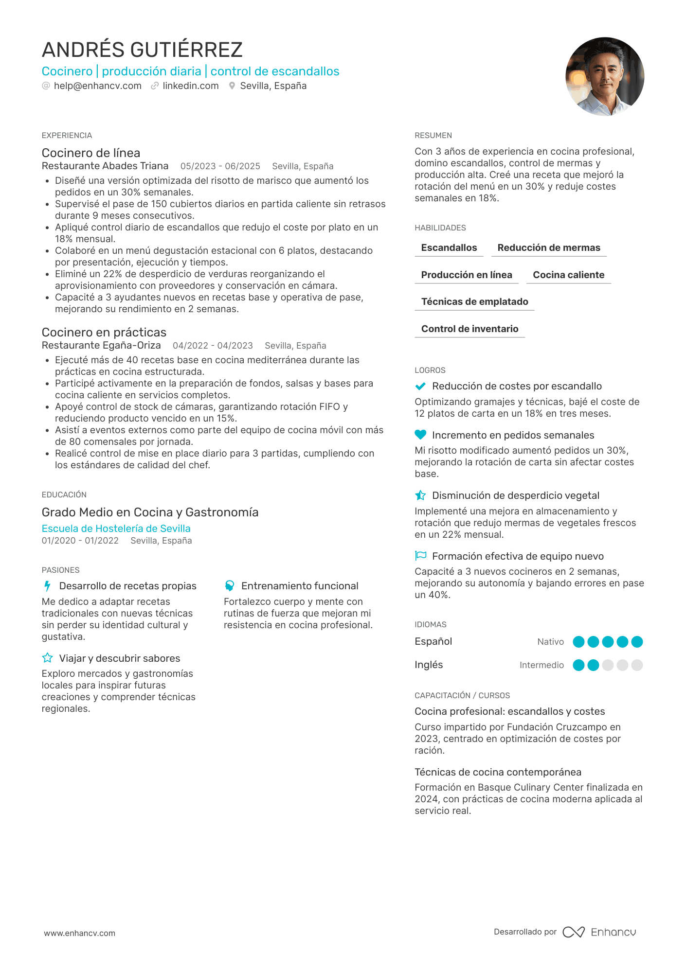 Ejemplo de currículum de cocinero Resume Example