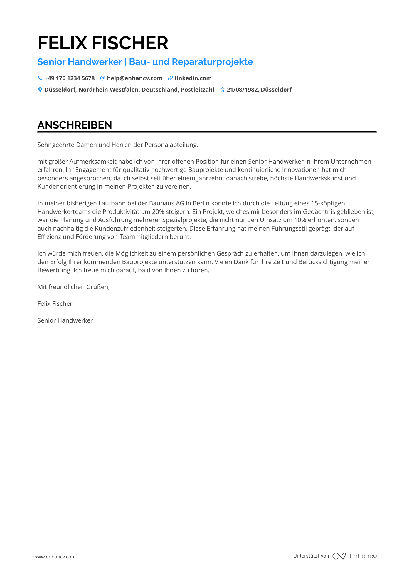 Senior Handwerker Resume Example