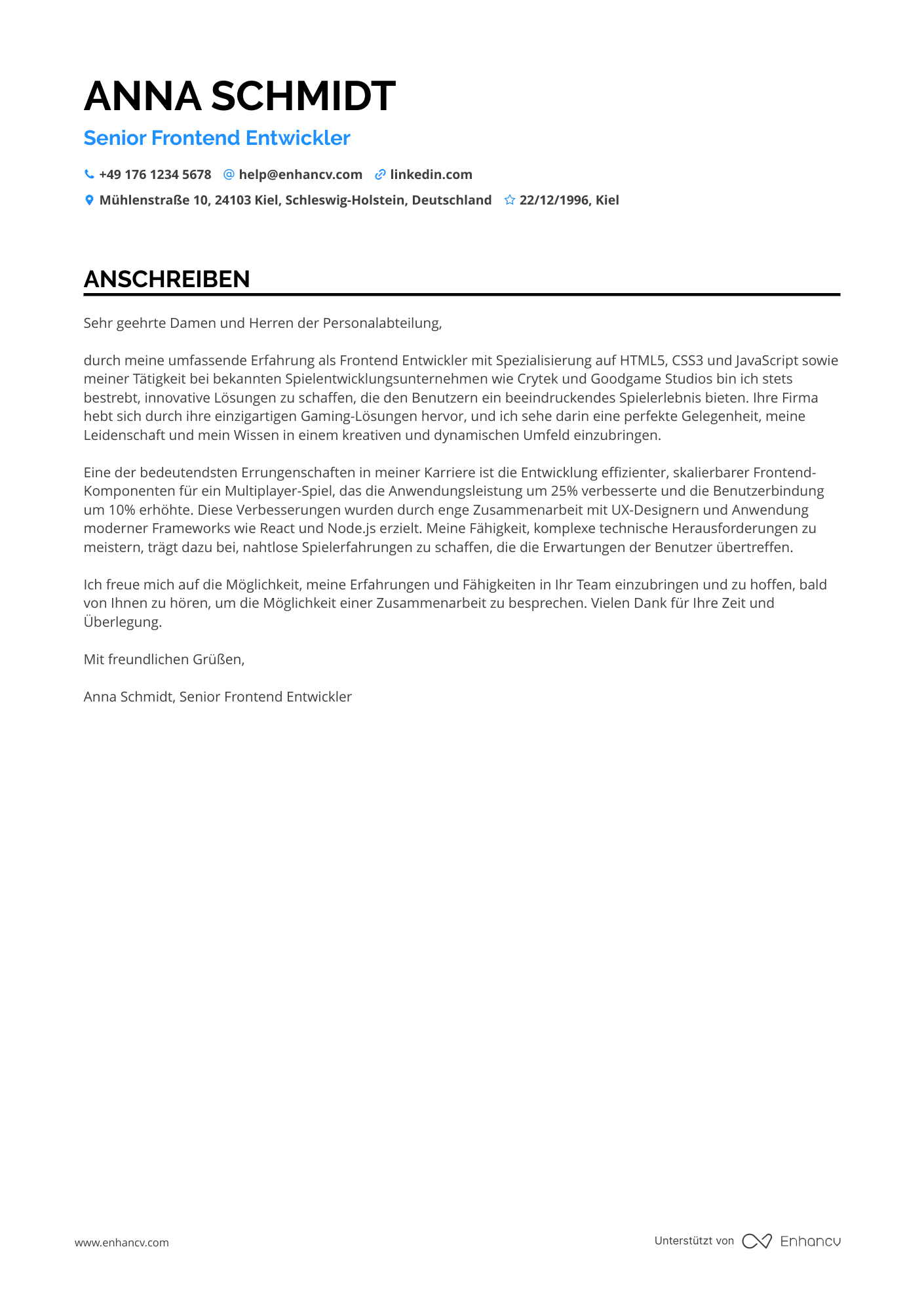 Frontend Entwickler für Spieleentwicklung Resume Example