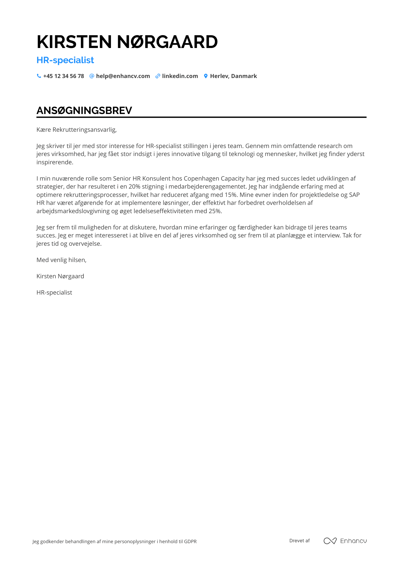 Ansøgningsbrev til HR specialist – teknologi Resume Example