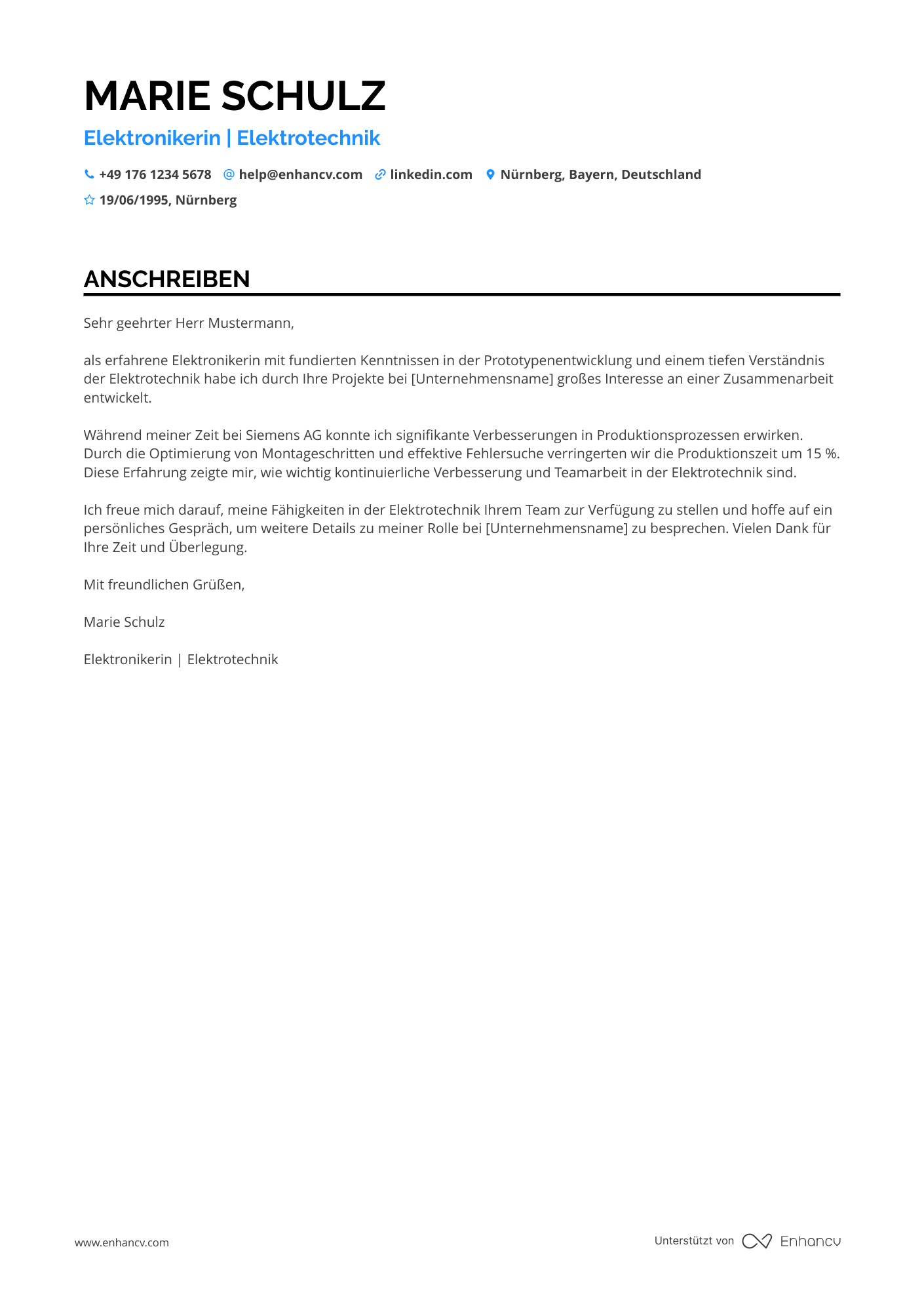 Einstiegslevel Elektroniker Resume Example