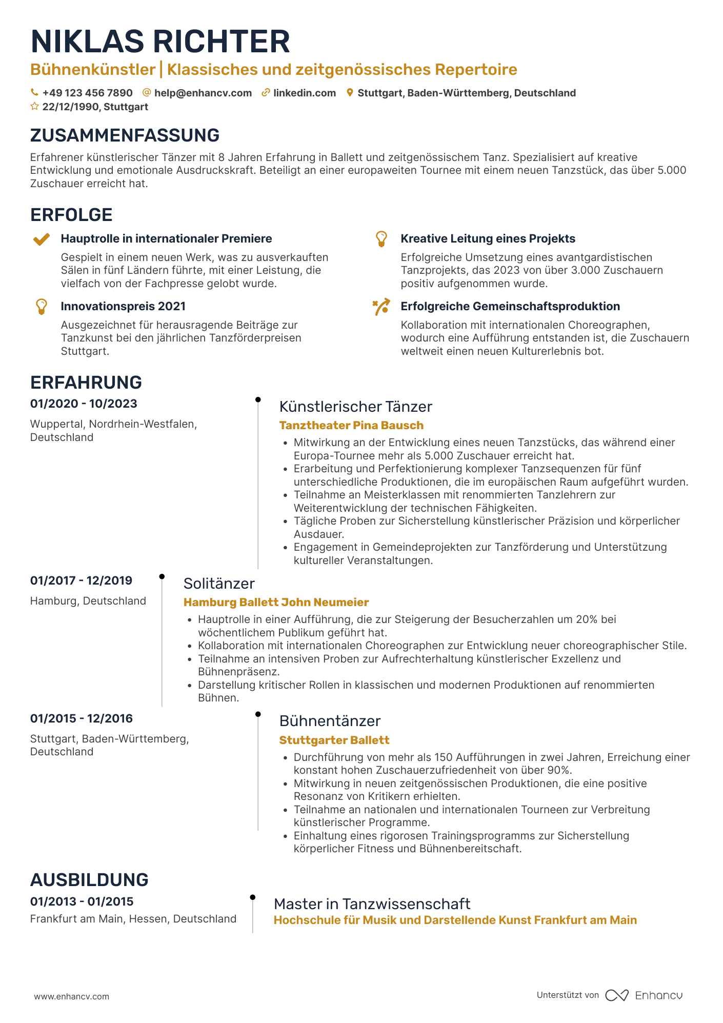 Lebenslauf in Künstlerischer Tänzer Resume Example