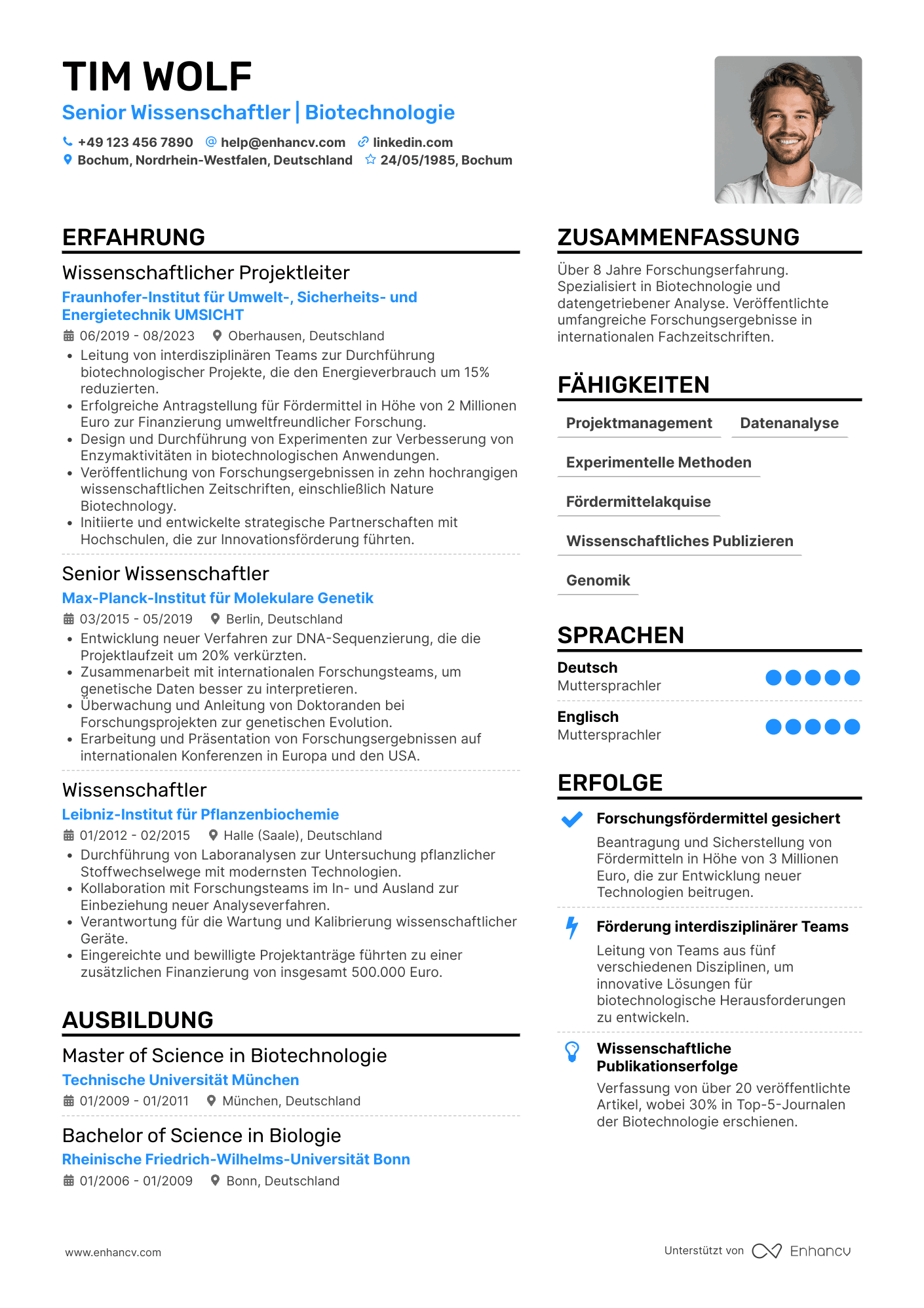 Lebenslauf als Erfahrener Wissenschaftler Resume Example