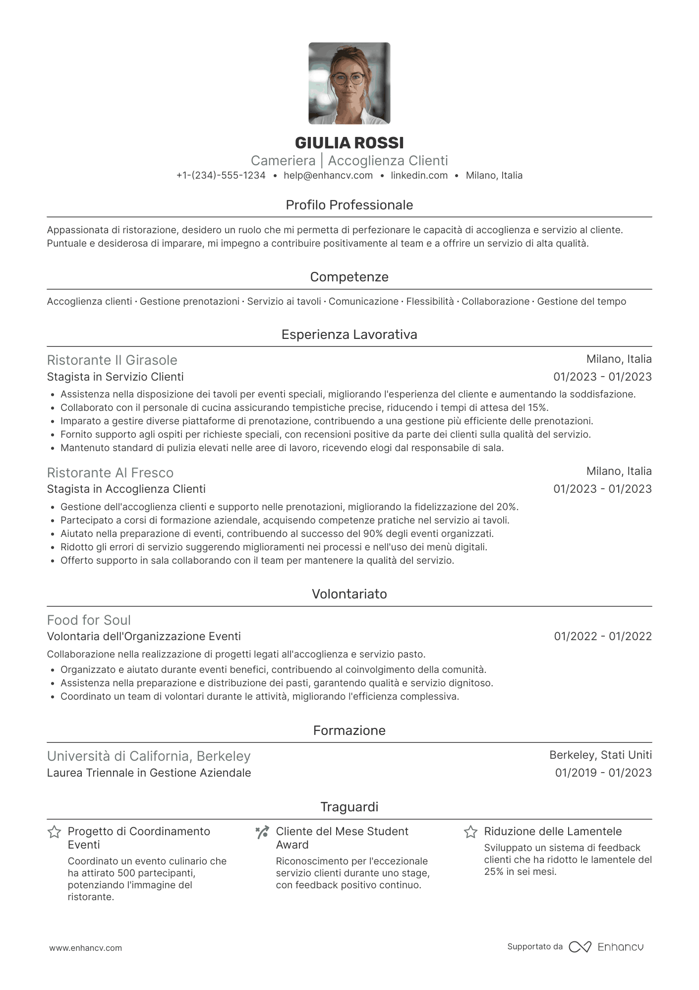 Curriculum per cameriere senza esperienza Resume Example