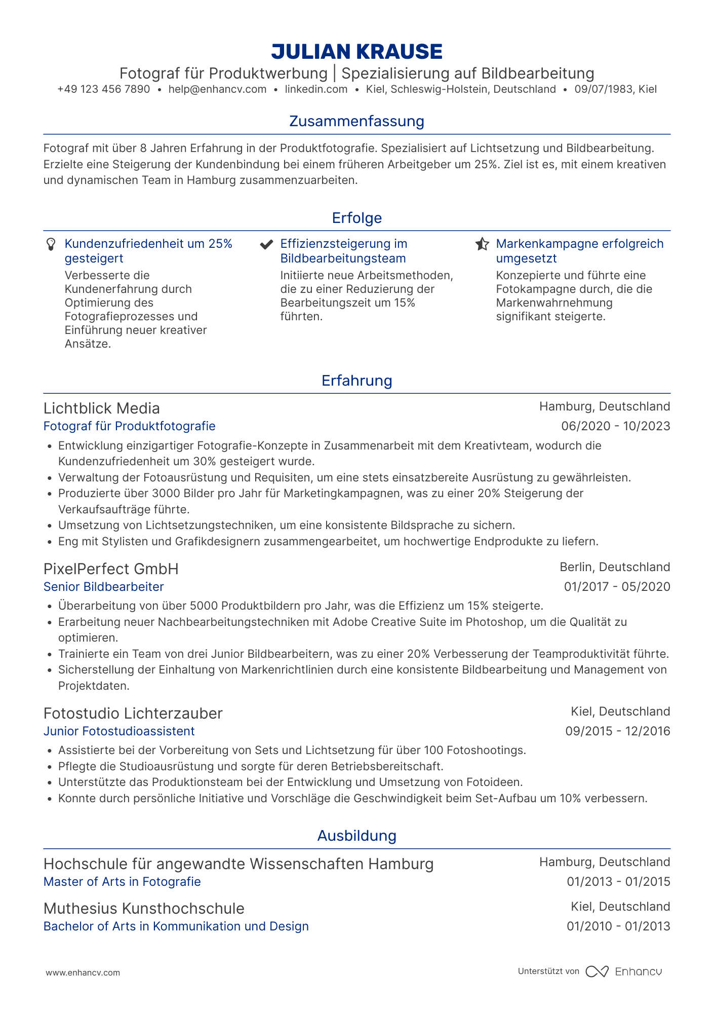 Lebenslauf als Fotograf für Produktwerbung Resume Example