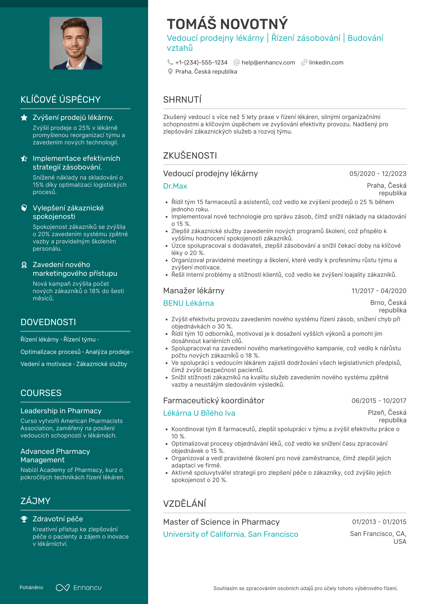 Životopis pro Vedoucí prodejny lékárny Resume Example