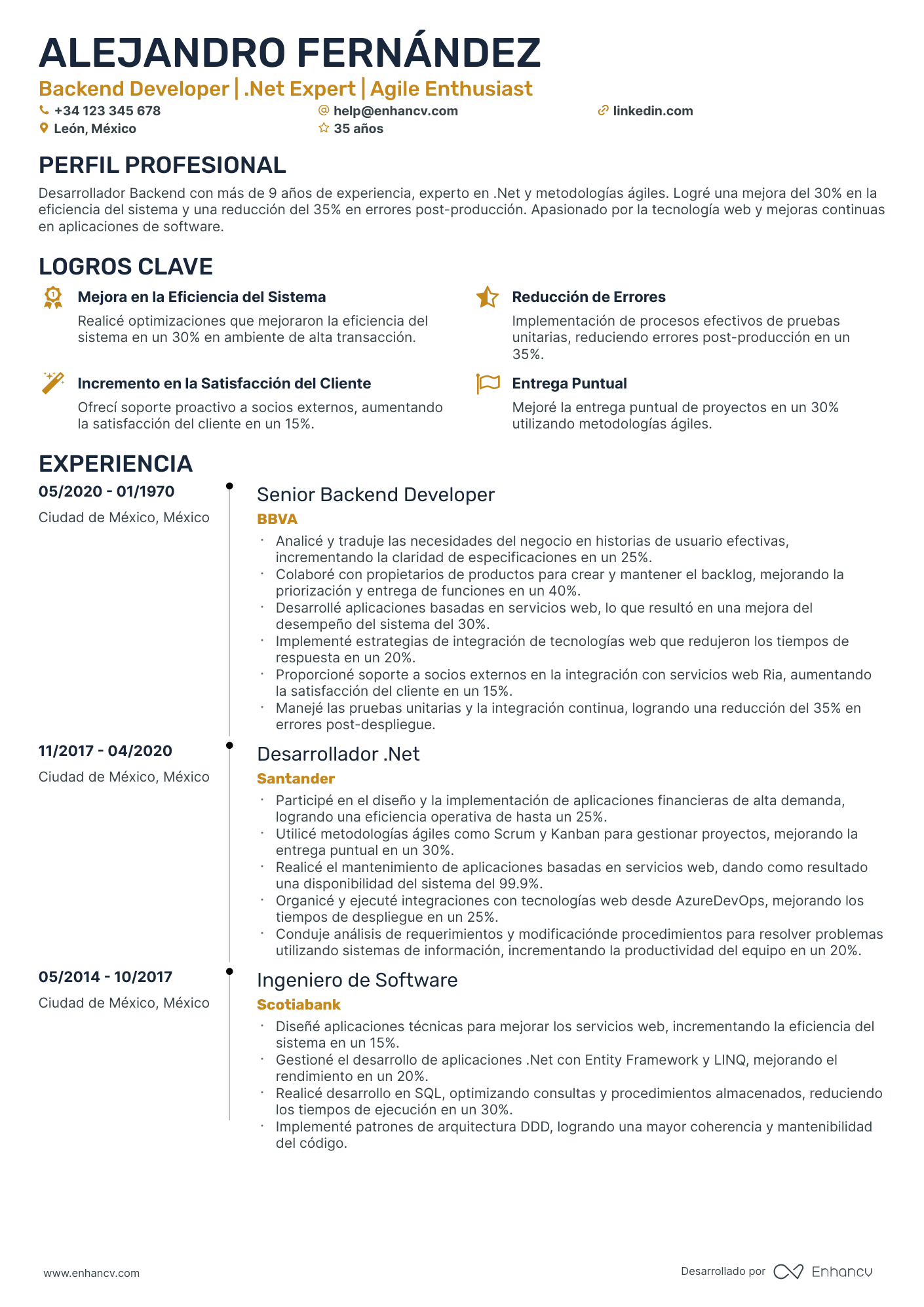 Desarrollador de Software Senior Resume Example